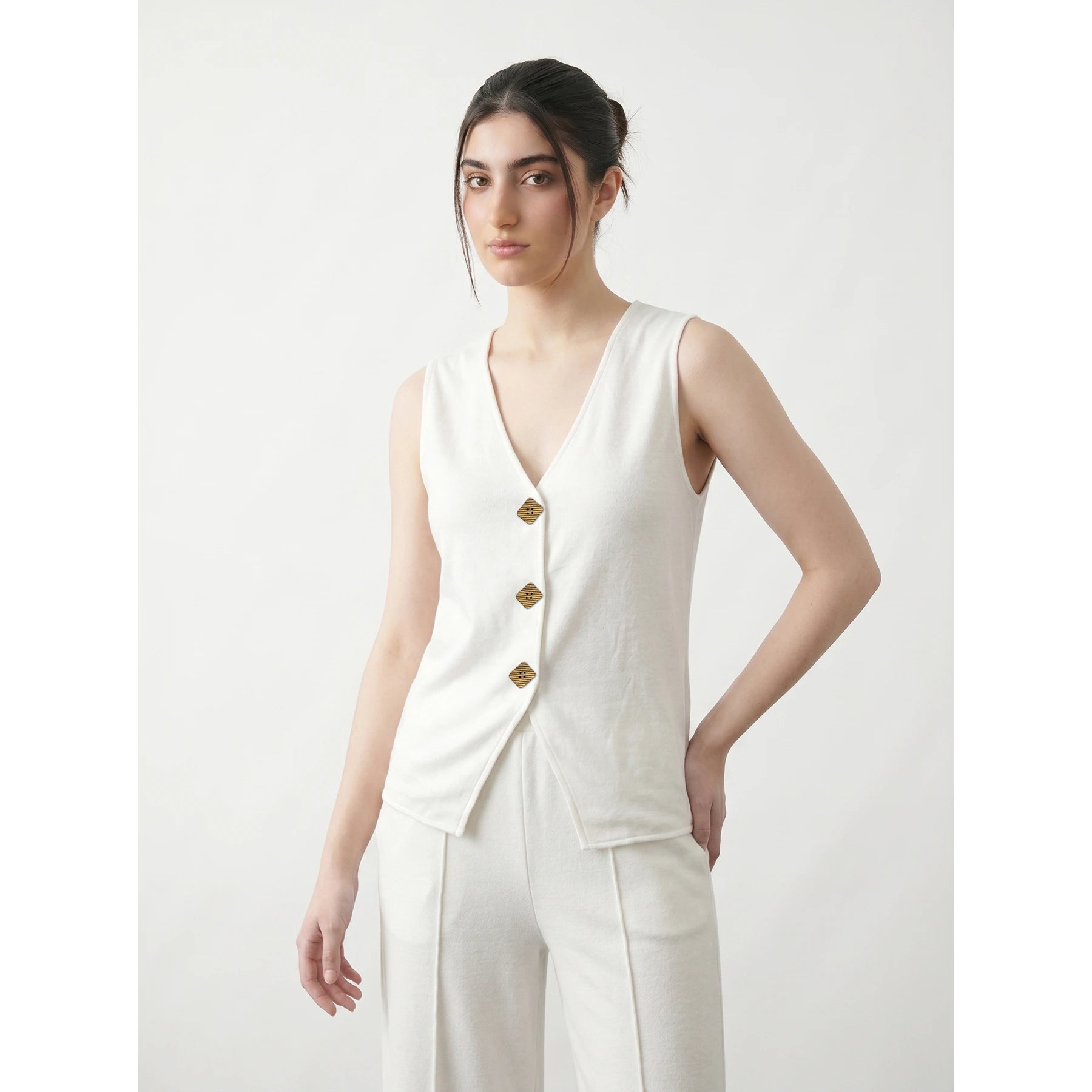 Off-White V Neck Vest Top | Montivo Pakistan