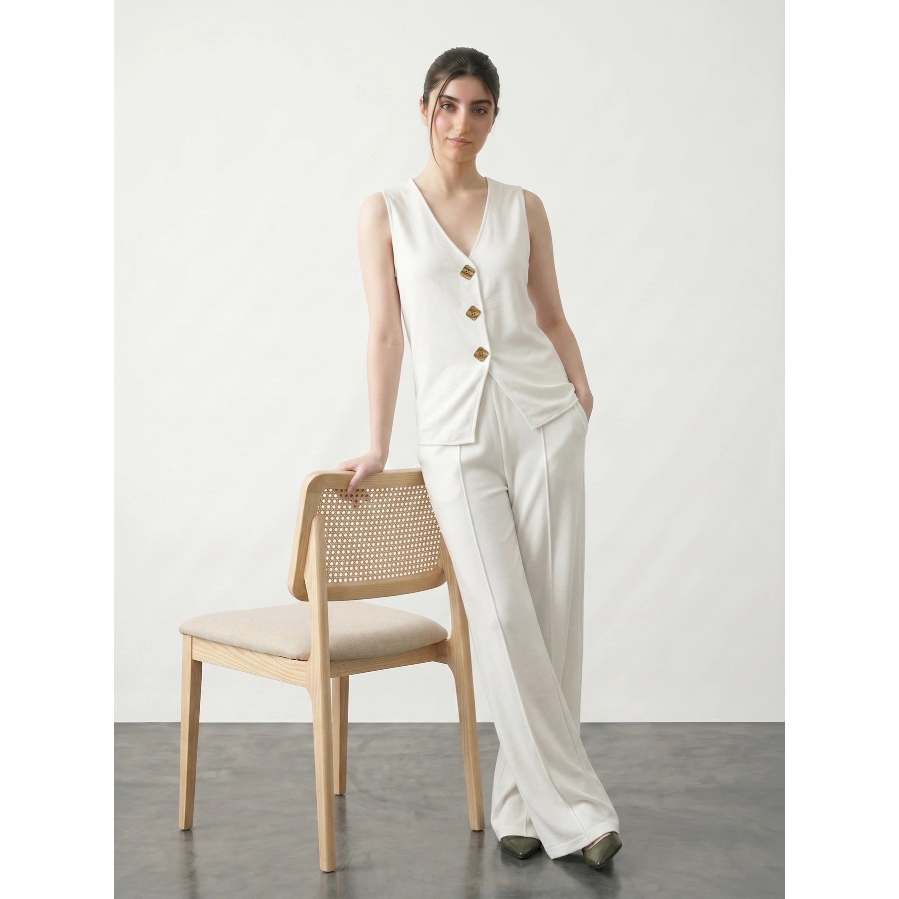 Off-White V Neck Vest Top | Montivo Pakistan