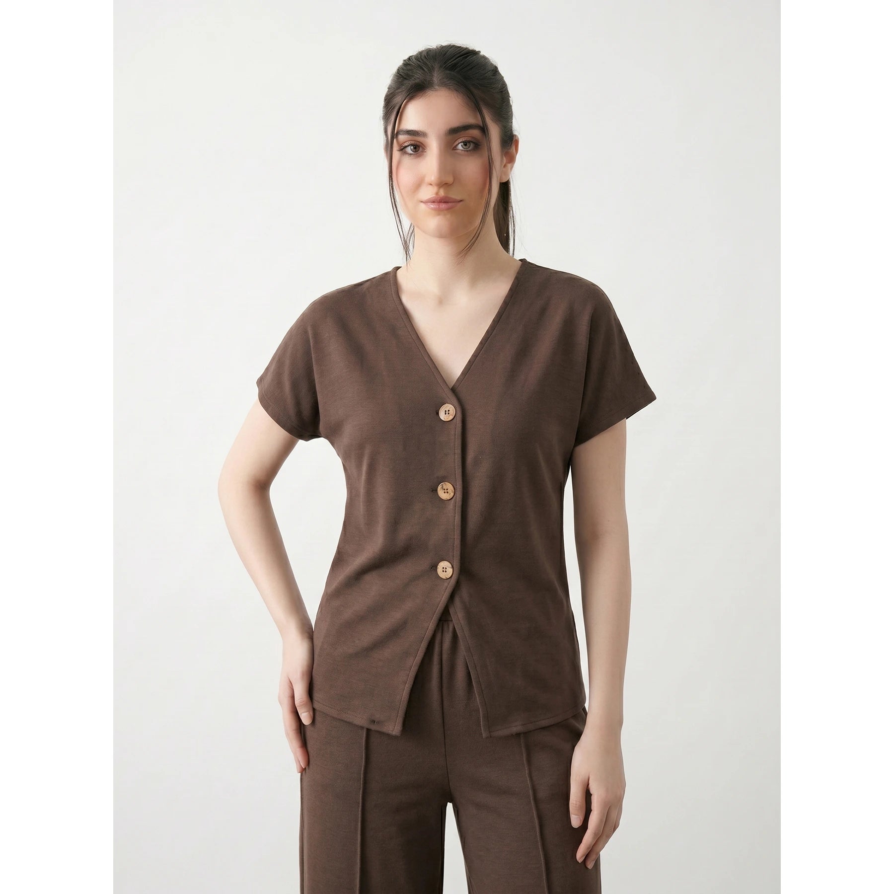 Brown Interlock Button Down Top | Montivo Pakistan