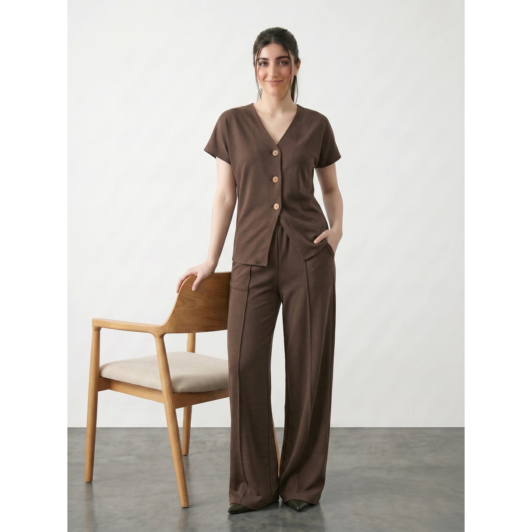 Brown Interlock Button Down Top | Montivo Pakistan