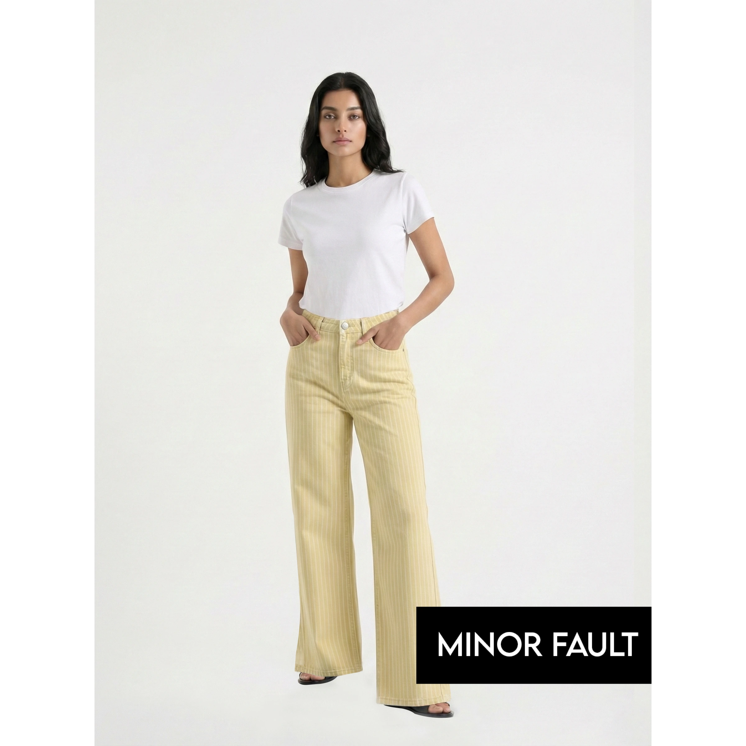 (Minor Fault) Yellow Wide Leg Stripes Jeans | Montivo Pakistan