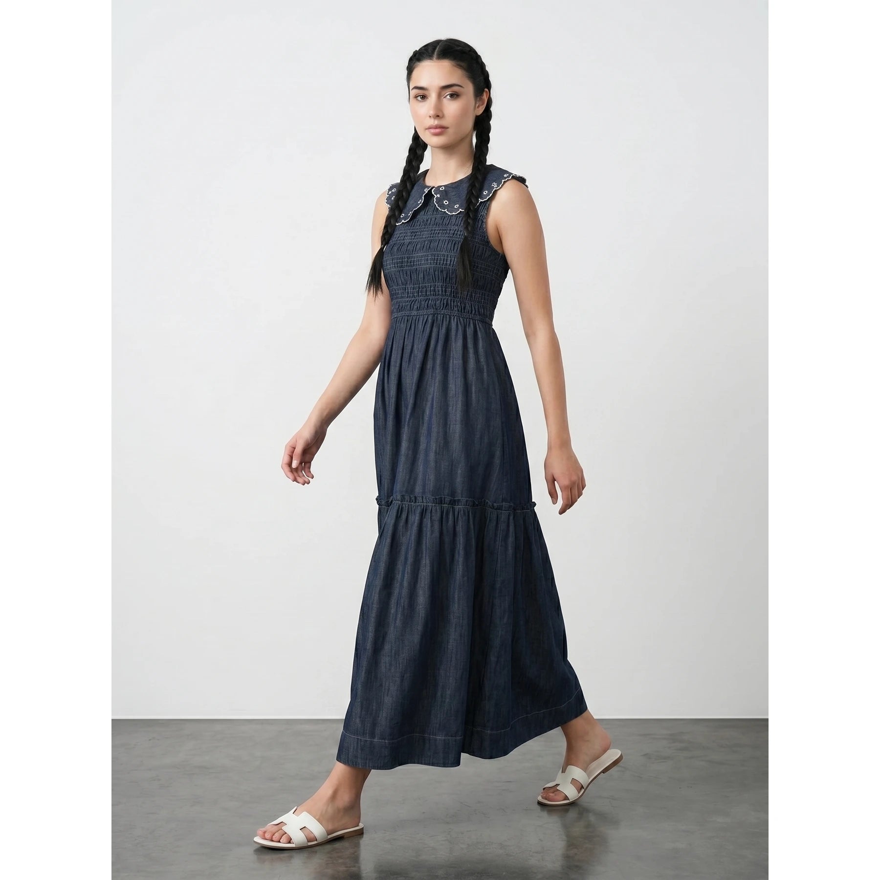 Rinse Wash Blue Denim Ruffle Dress | Montivo Pakistan