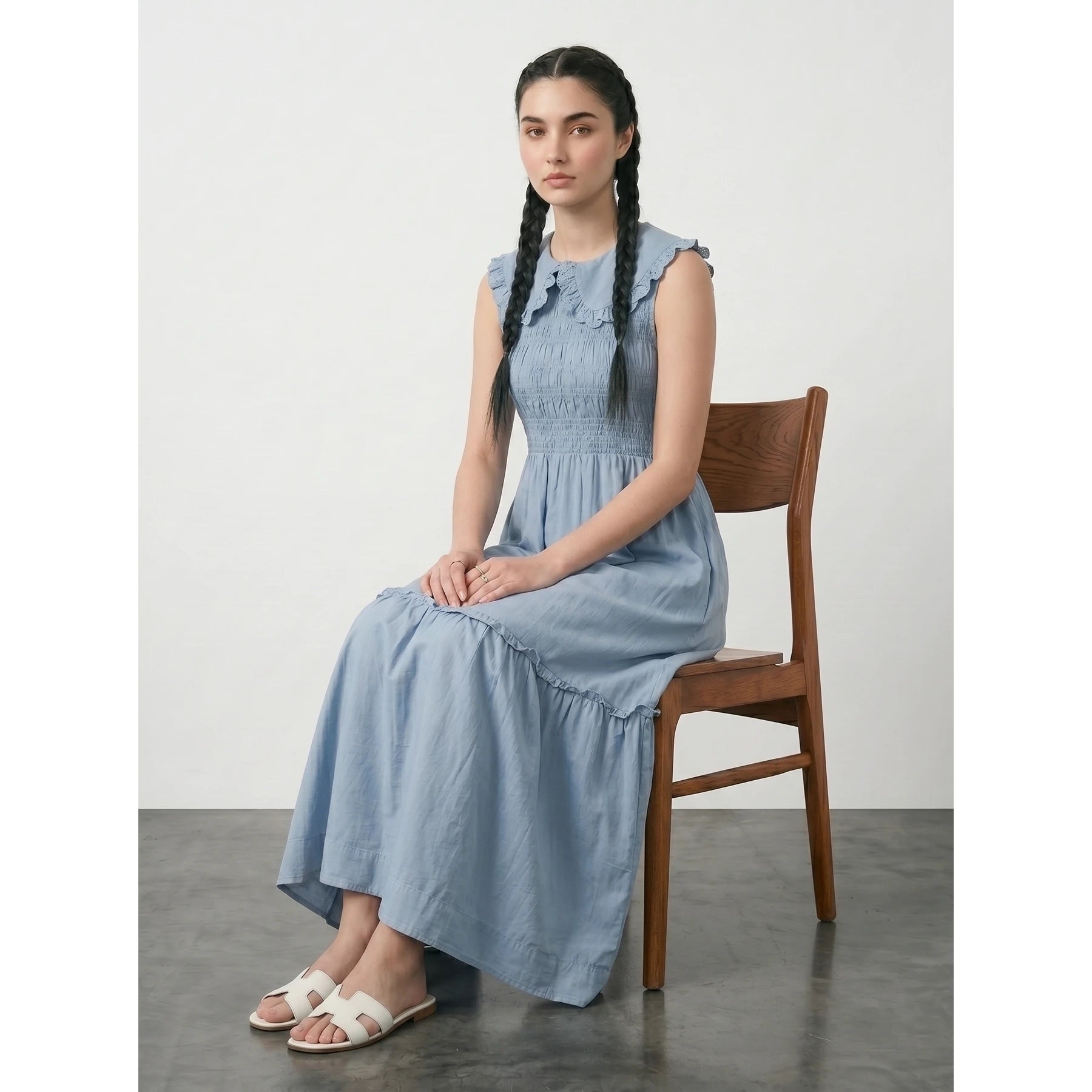 Light Blue Denim Ruffle Dress | Montivo Pakistan