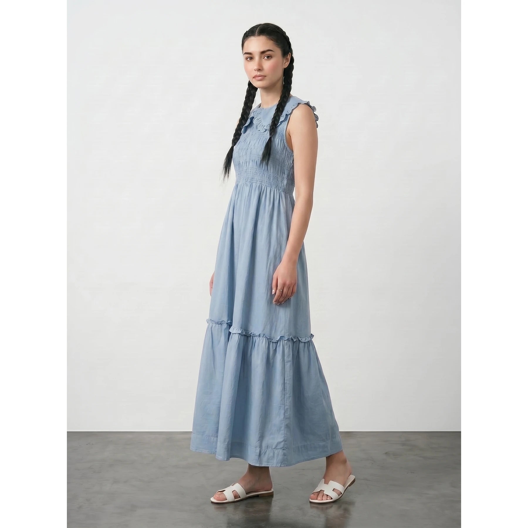 Light Blue Denim Ruffle Dress | Montivo Pakistan