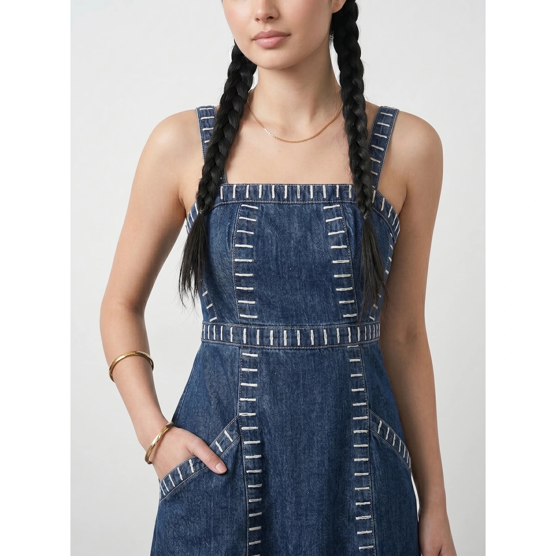 Blue Denim Detailed Sleeveless Midi Dress | Montivo Pakistan
