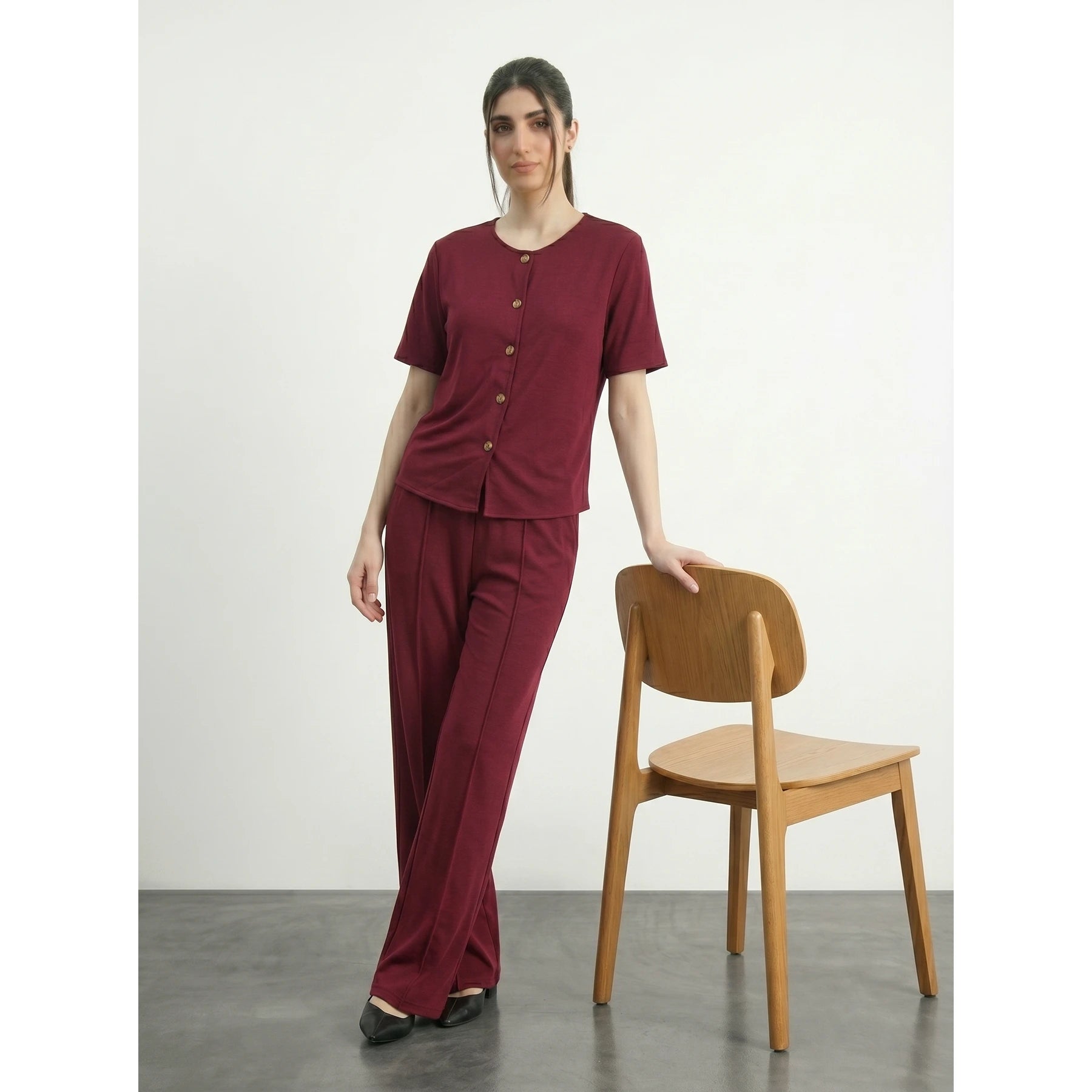 Burgundy Crew Neck Button Down Top | Montivo Pakistan