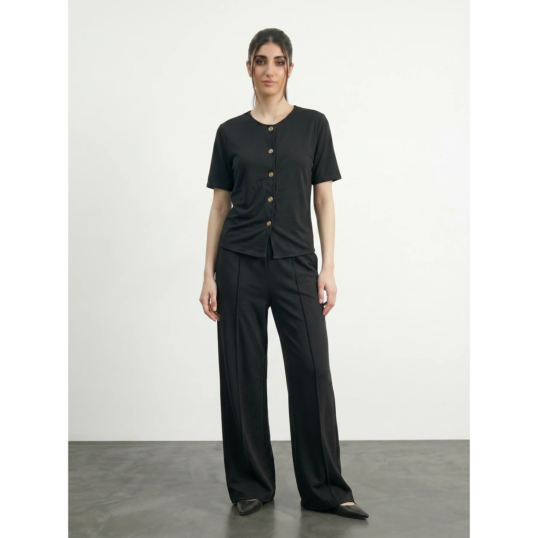 Black Crew Neck Button Down Top | Montivo Pakistan