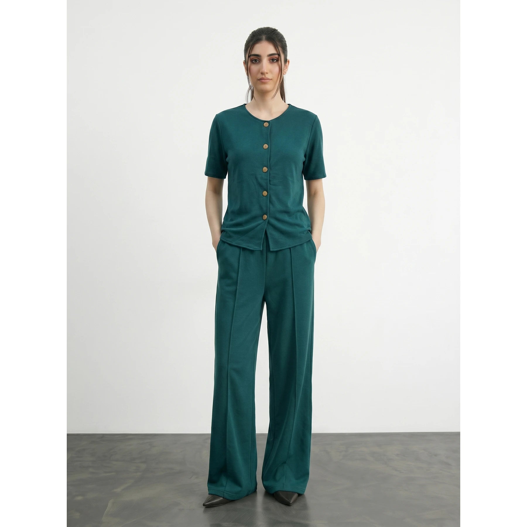 Teal Crew Neck Button Down Top | Montivo Pakistan