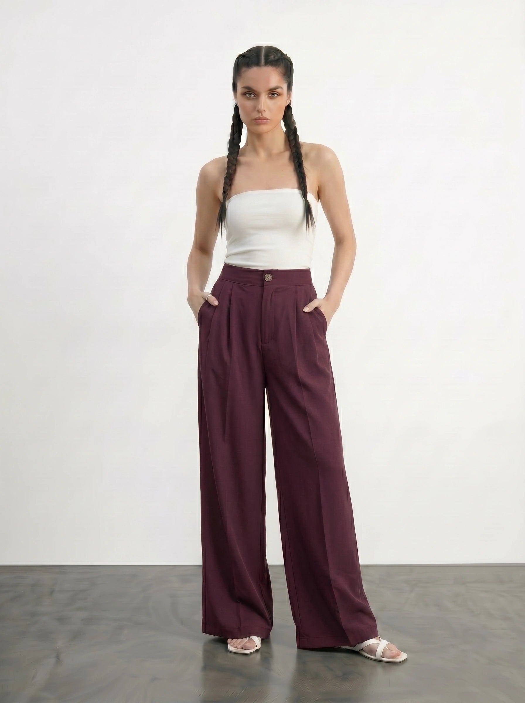 Burgundy Textured Wide Leg Pleated Pants | Montivo Pakistan