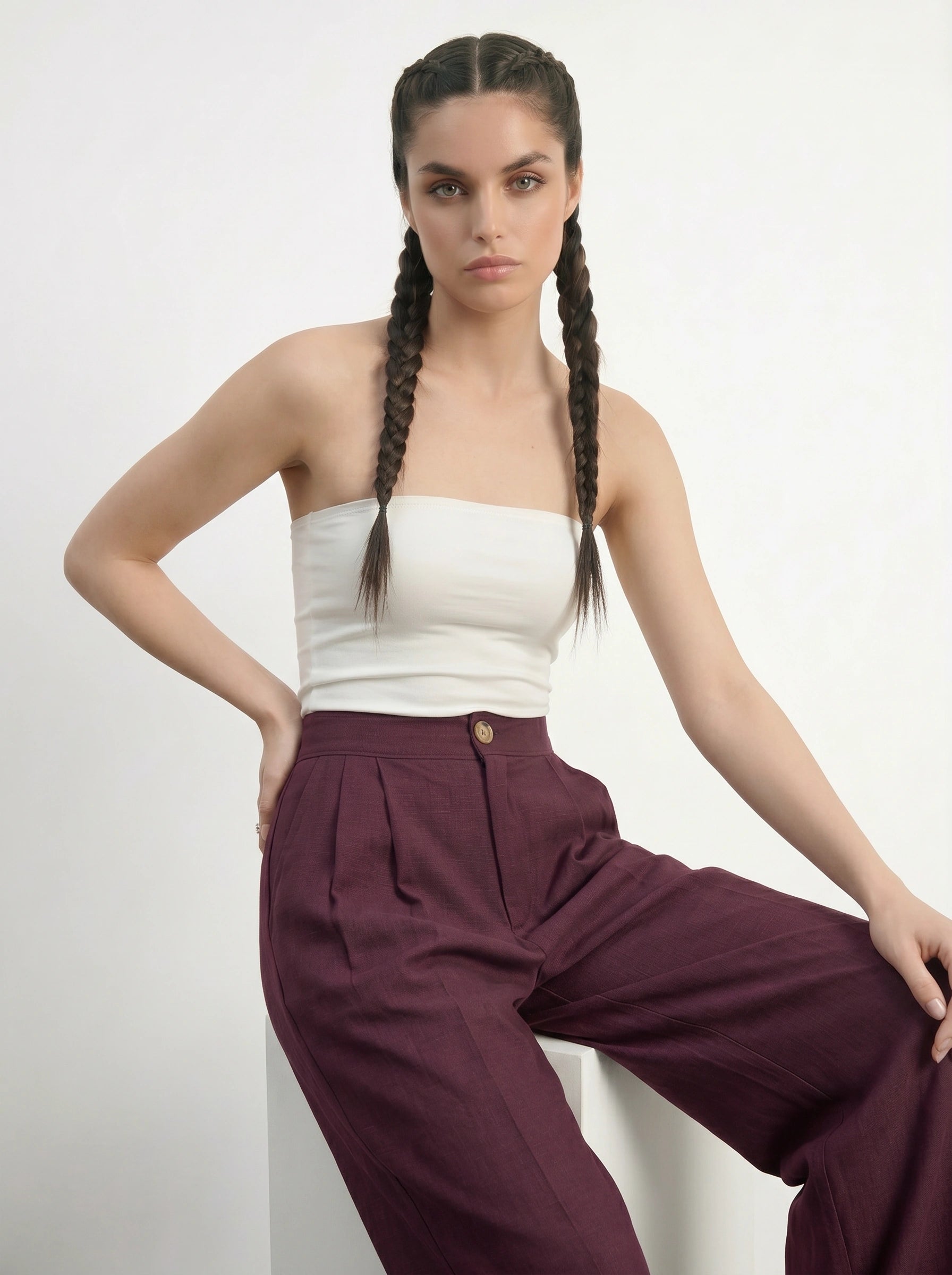 Burgundy Textured Wide Leg Pleated Pants | Montivo Pakistan