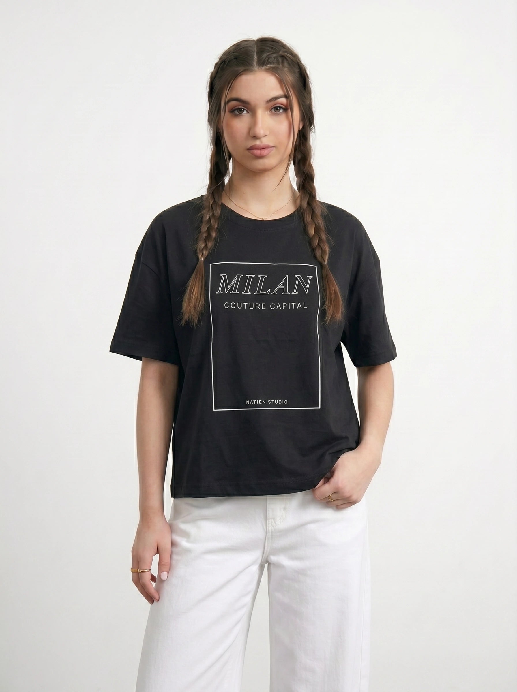 Black Cropped Printed Graphic Tshirt | Montivo Pakistan