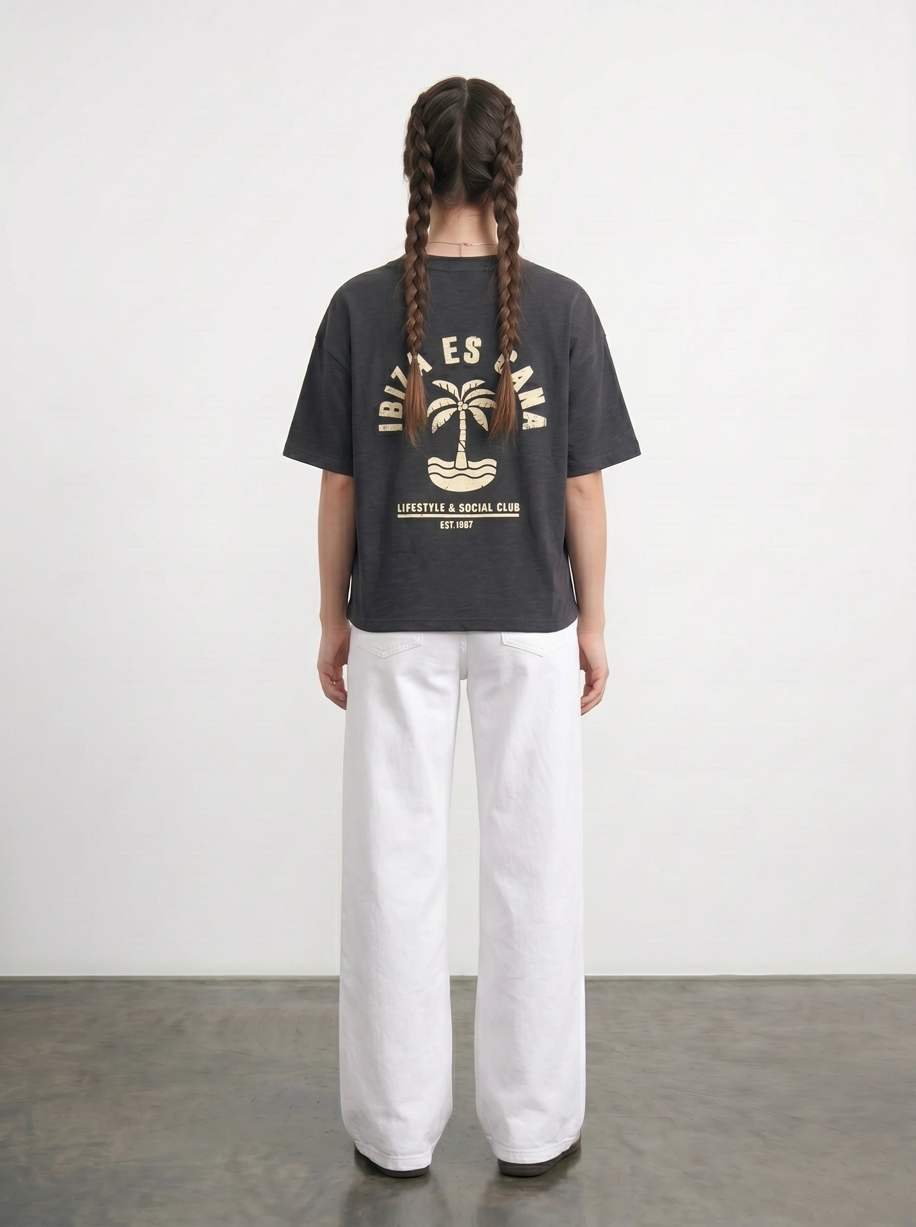 Charcoal Cropped Oversized Ibiza Printed Tshirt | Montivo Pakistan