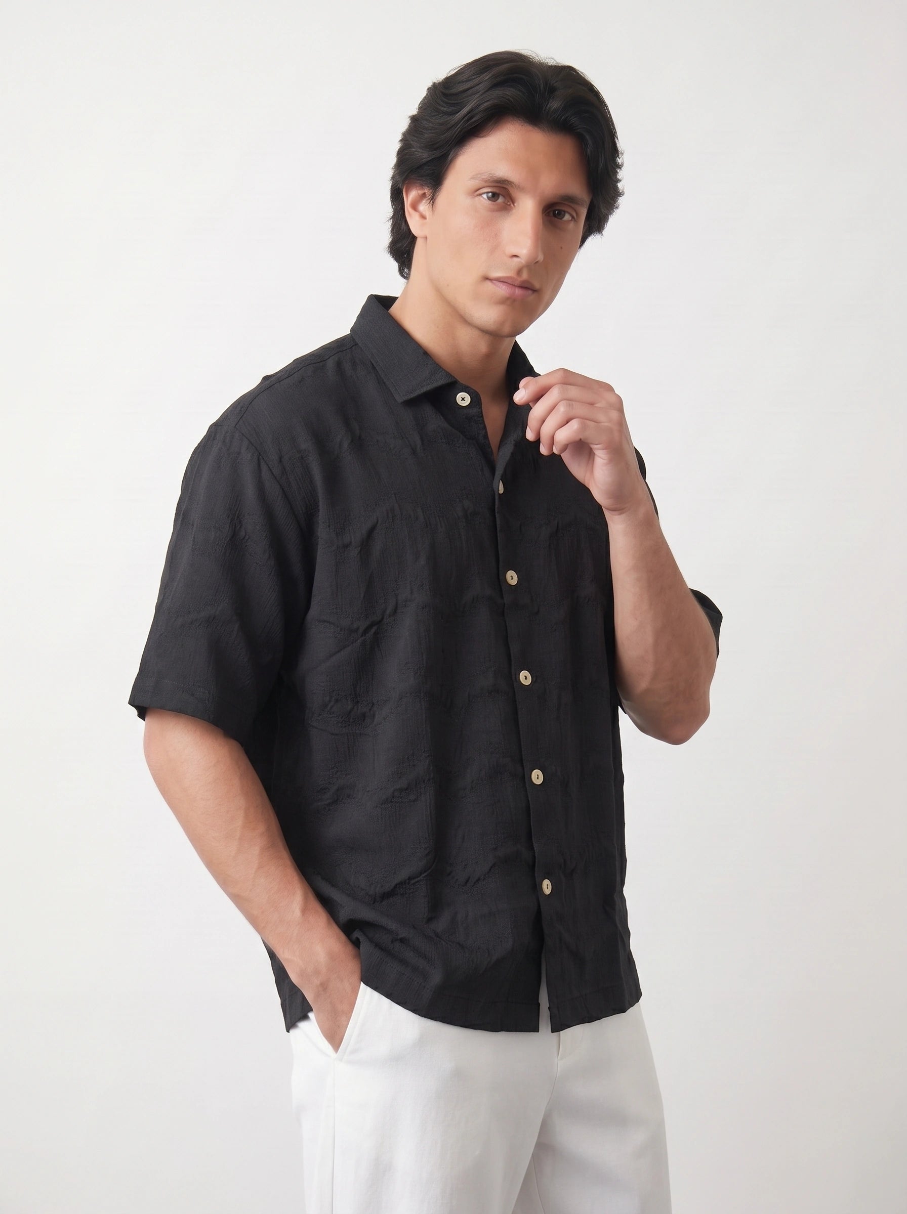 Black Textured Oversized Box Fit Shirt