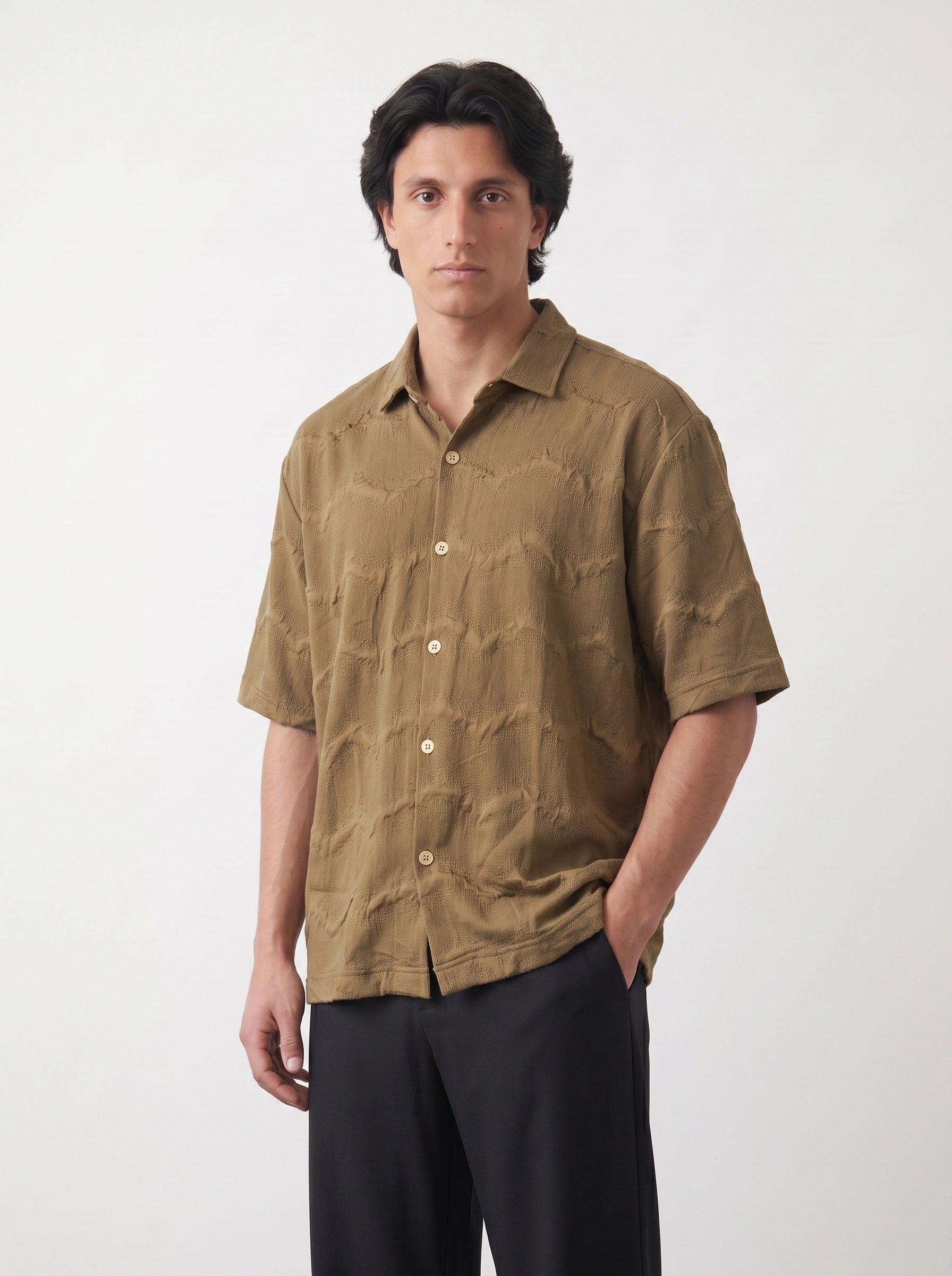 Brown Textured Oversized Box Fit Shirt