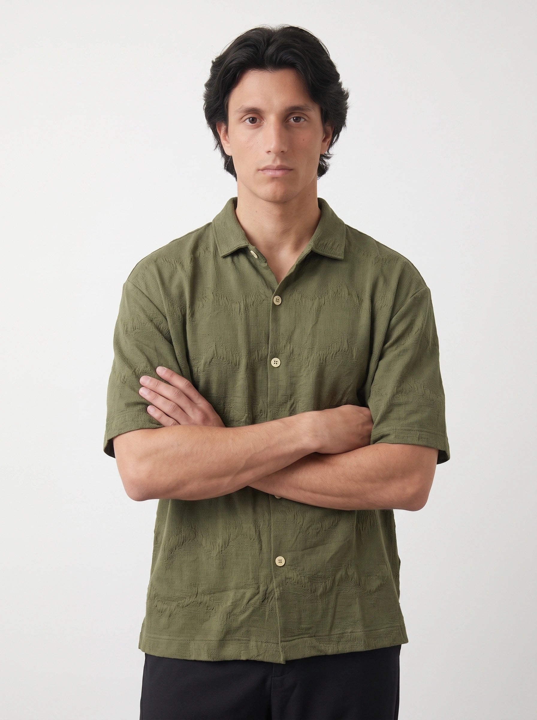 Olive Textured Oversized Box Fit Shirt