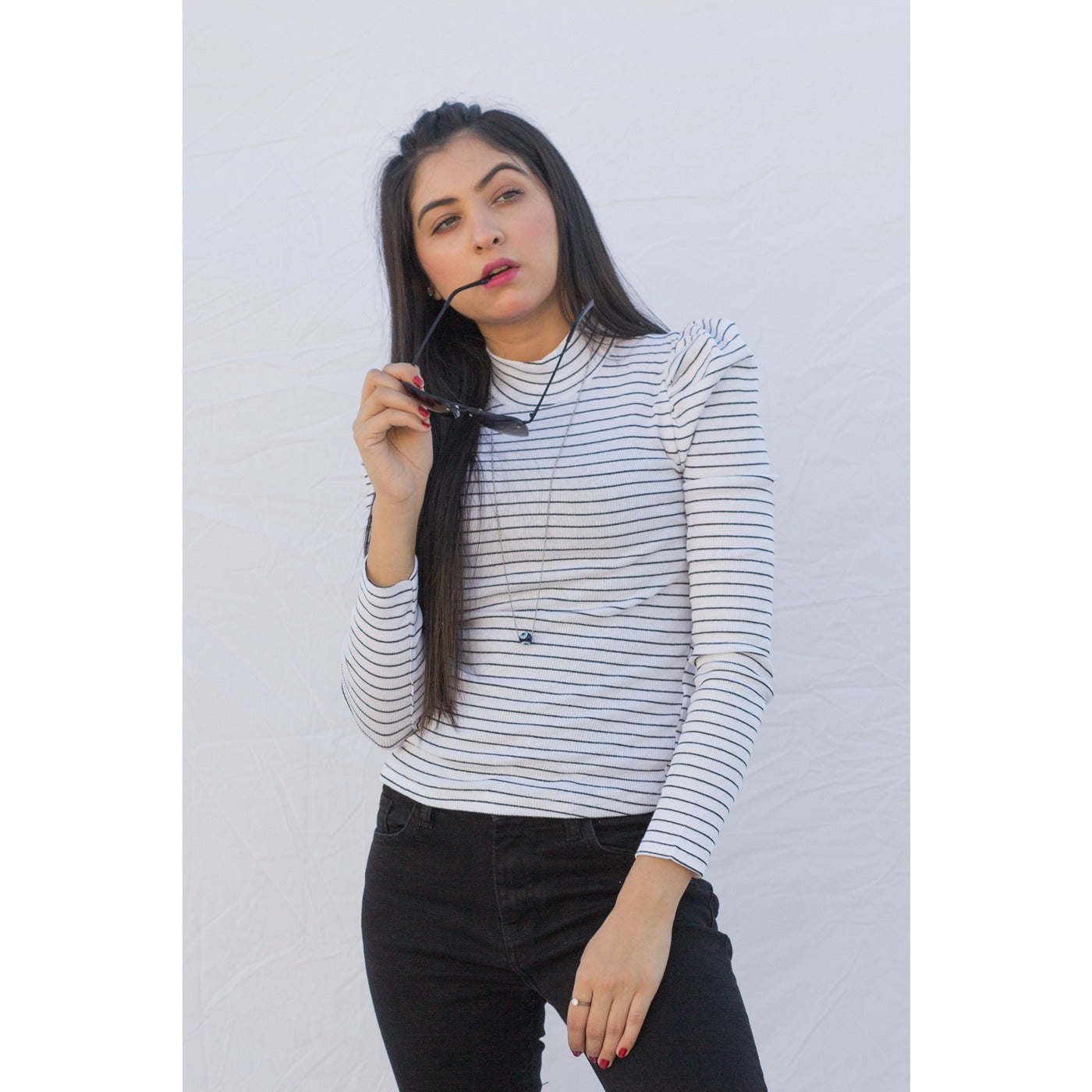 White Stripes Puff Shoulder Turtleneck Top | Montivo Pakistan