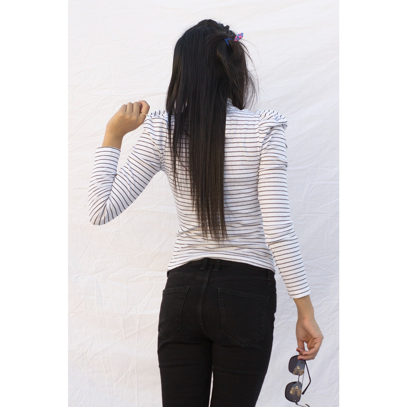 White Stripes Puff Shoulder Turtleneck Top | Montivo Pakistan
