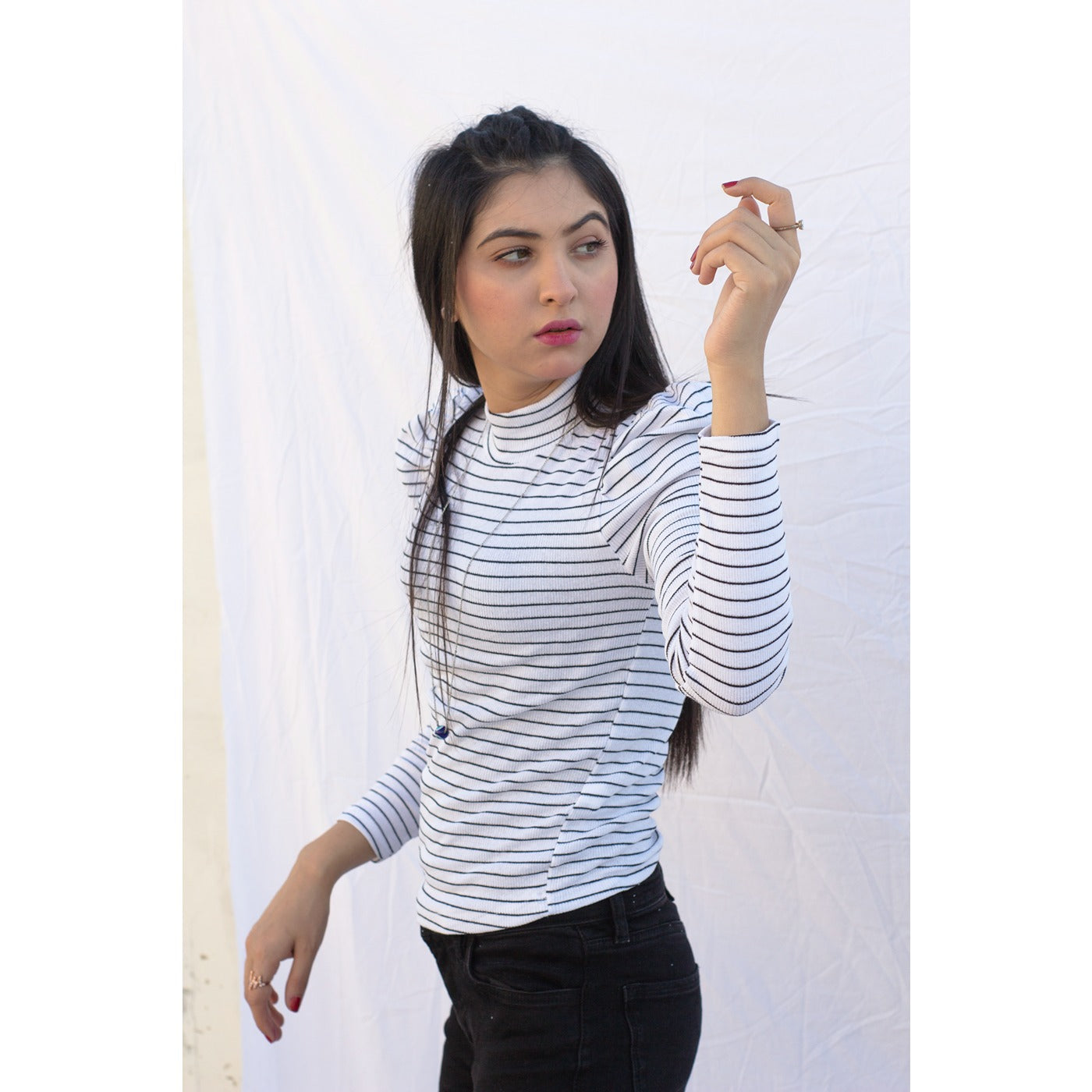 White Stripes Puff Shoulder Turtleneck Top | Montivo Pakistan