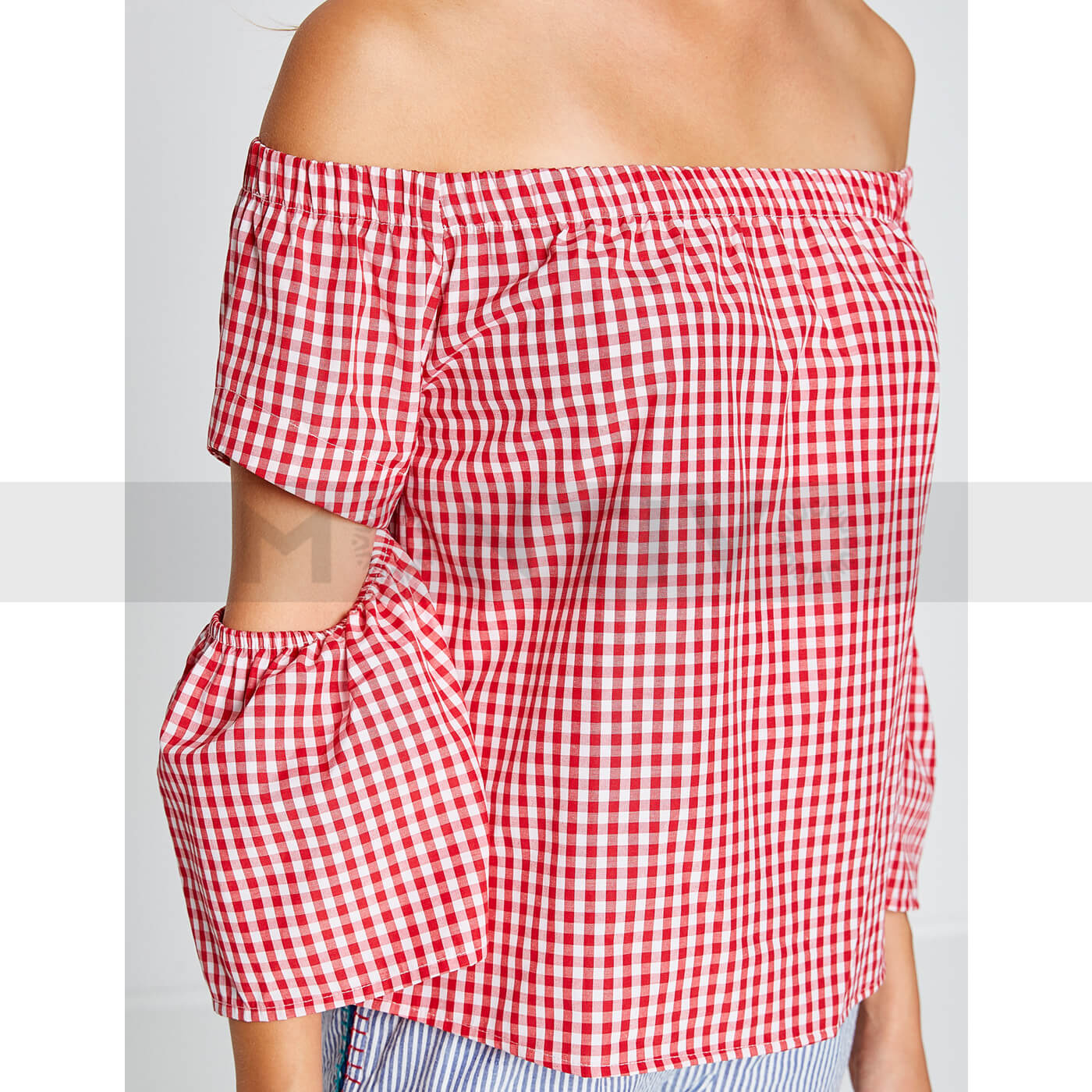 Red Off-Shoulder Check Top | Montivo Pakistan