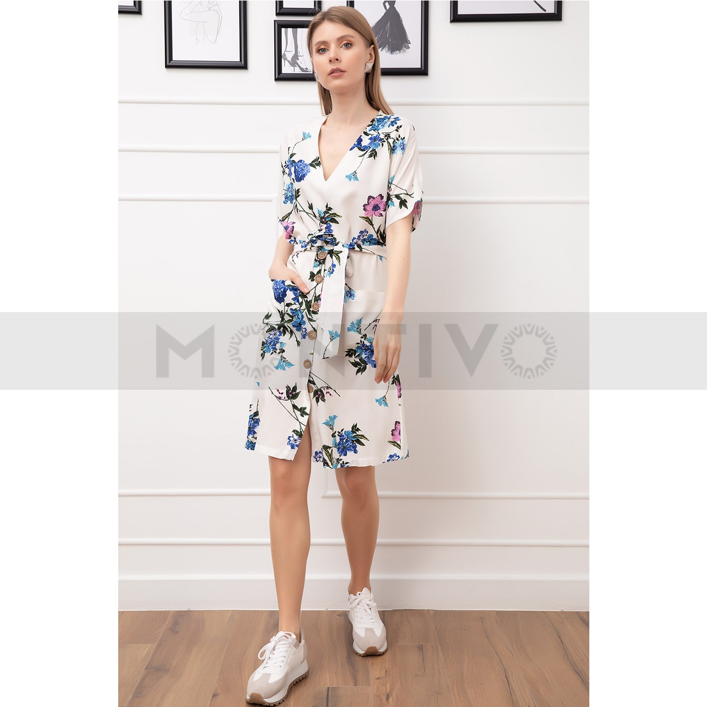 V Neck White Floral Button Down Dress | Montivo Pakistan