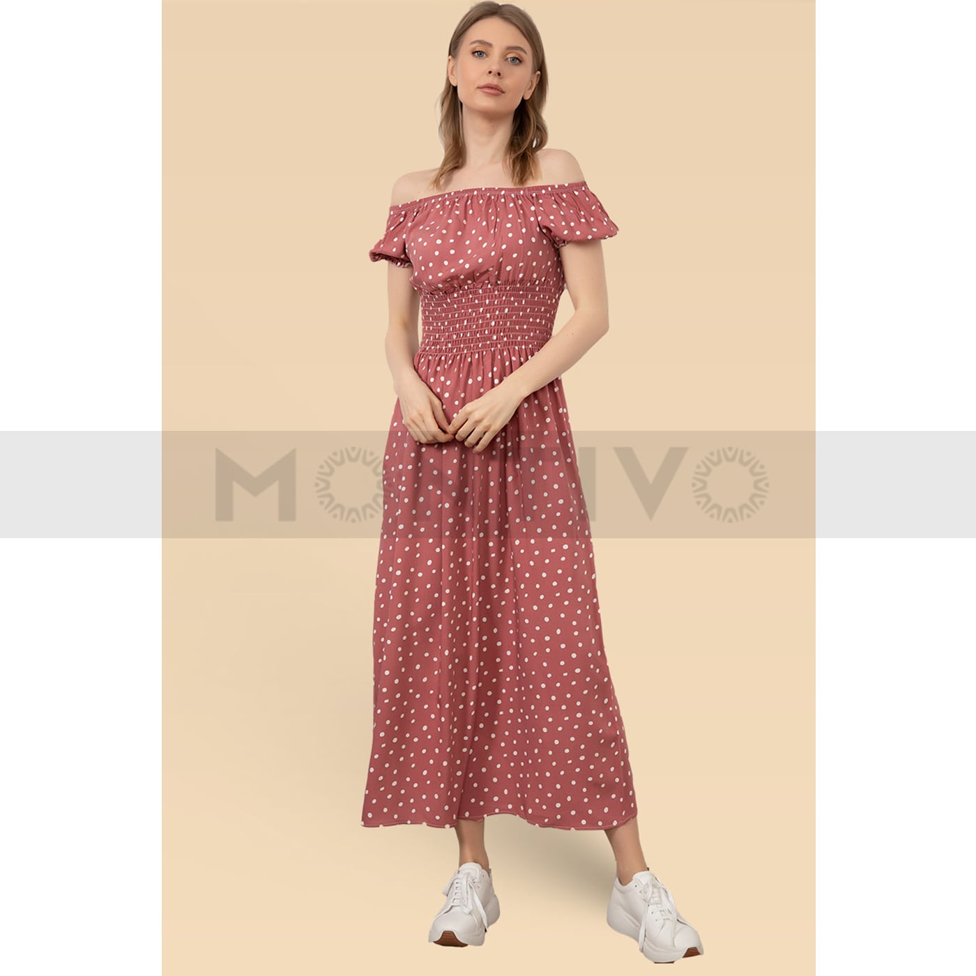 Pink Floral Patterned Off Shoulder Dress | Montivo Pakistan