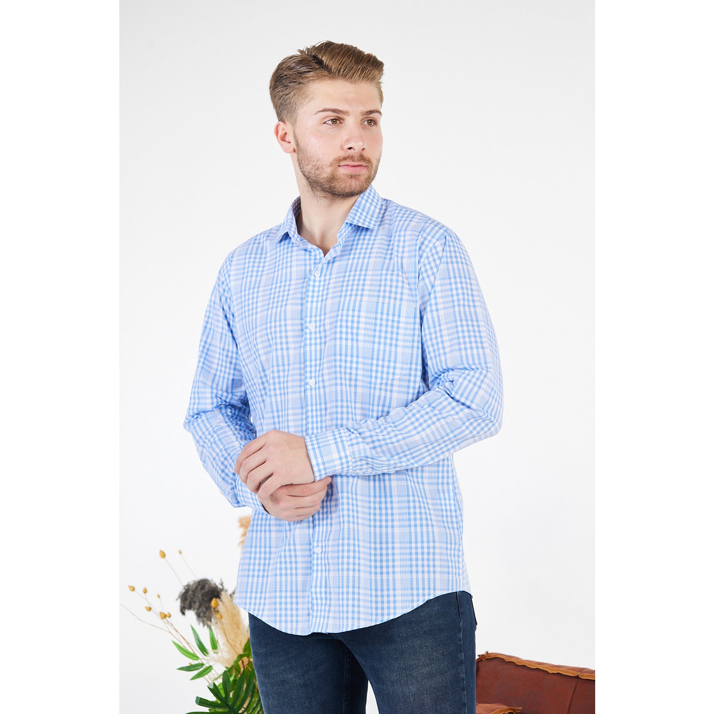 Micro-Check Light Blue Slim Fit Shirt | Montivo Pakistan