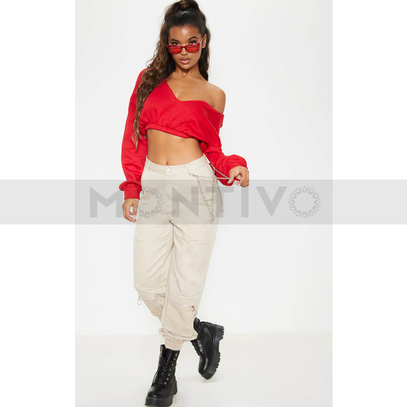 PTL Red Crop Off Shoulder Sweatshirt | Montivo Pakistan