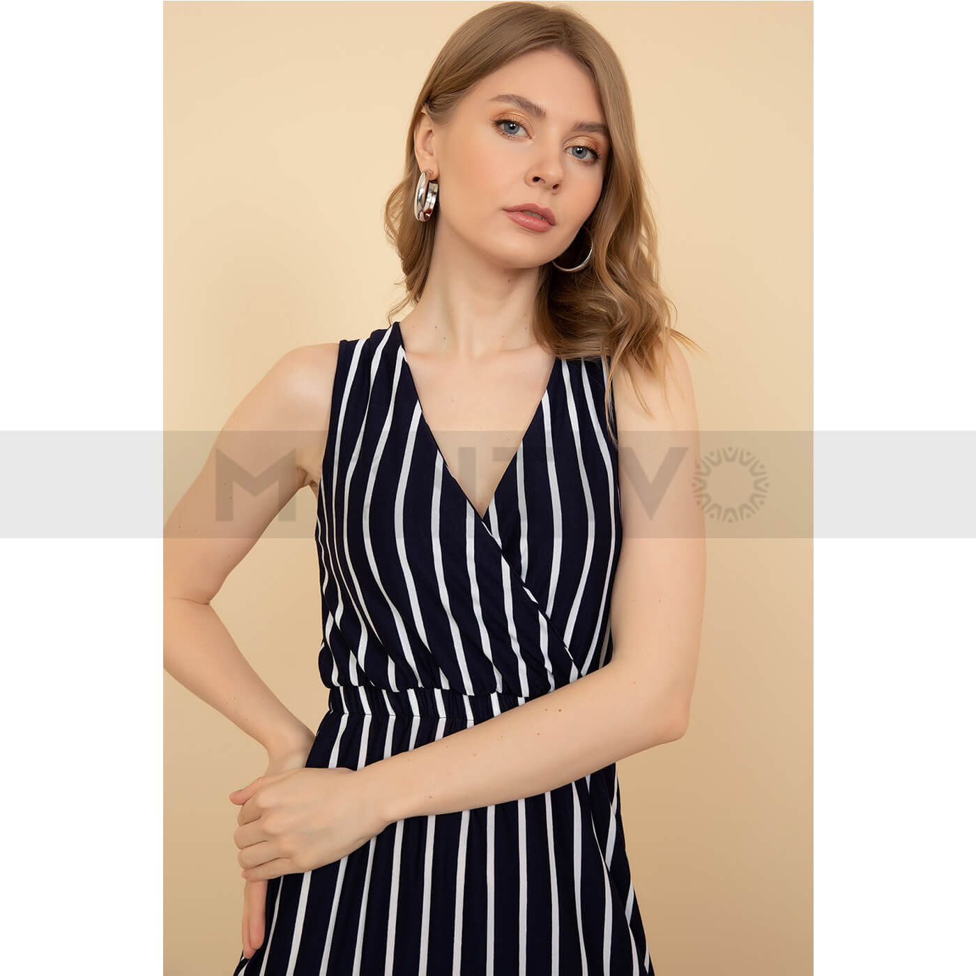 Navy Blue Waist Elastic Striped Dress | Montivo Pakistan