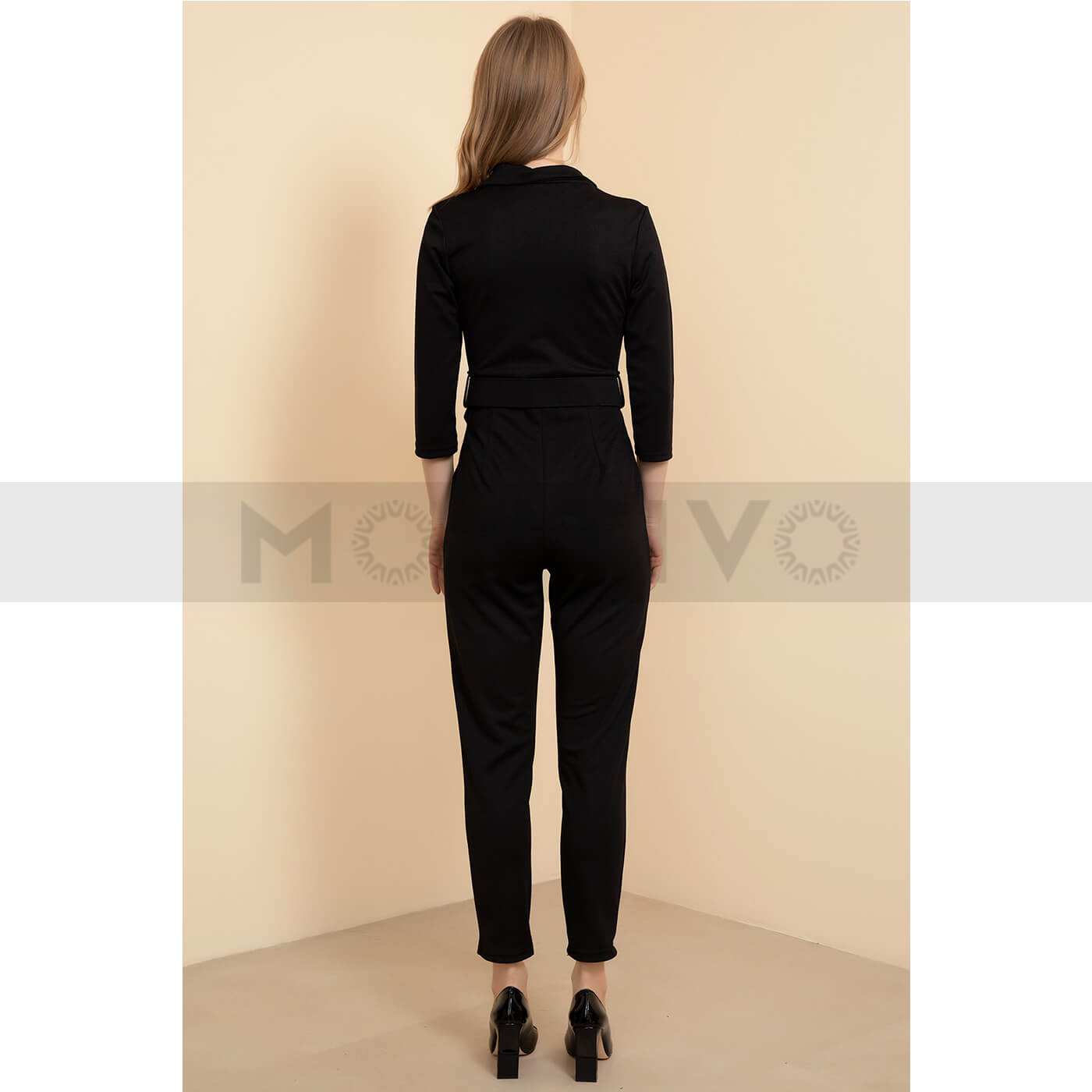 Black Shirt Collar Belted Jumpsuit | Montivo Pakistan