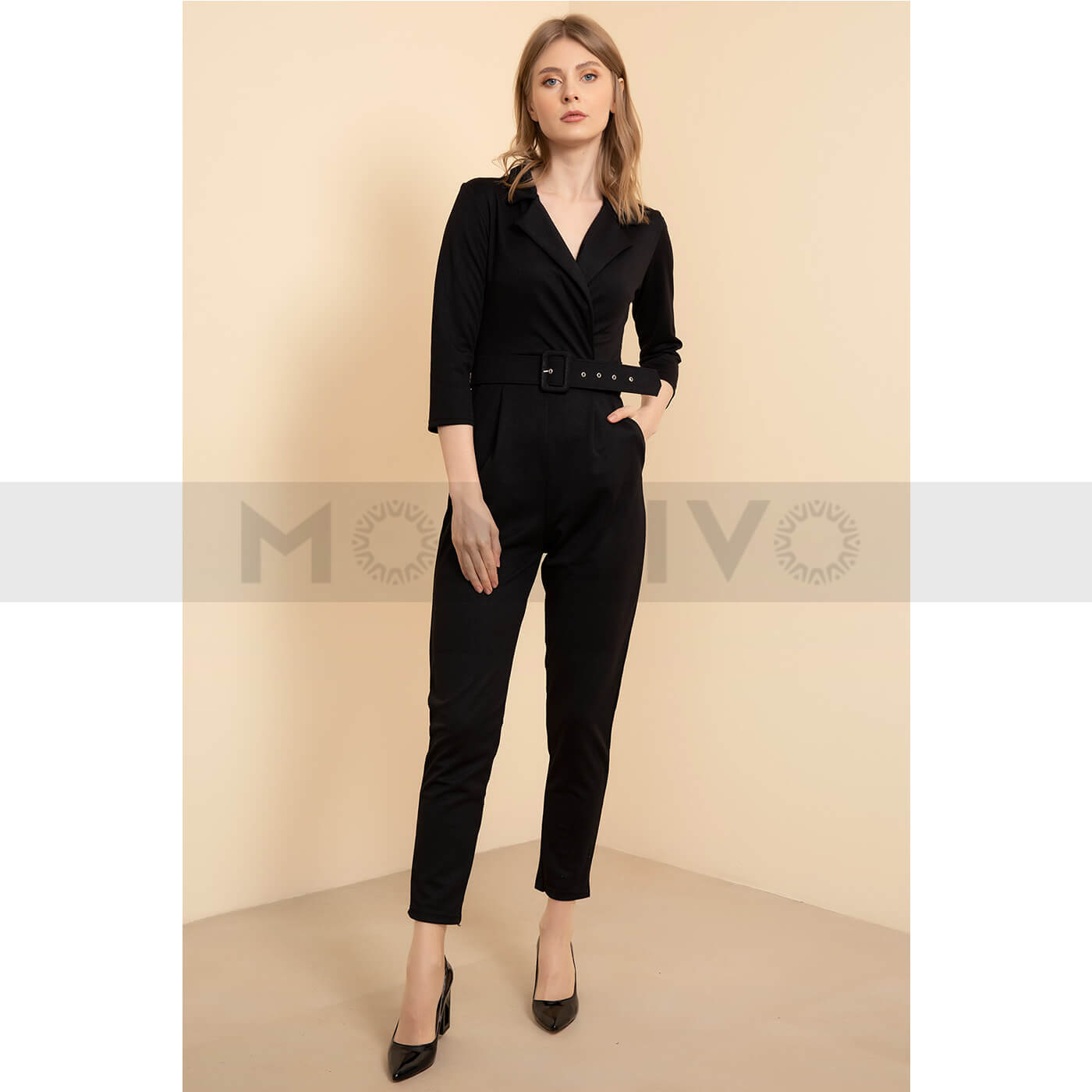 Black Shirt Collar Belted Jumpsuit | Montivo Pakistan