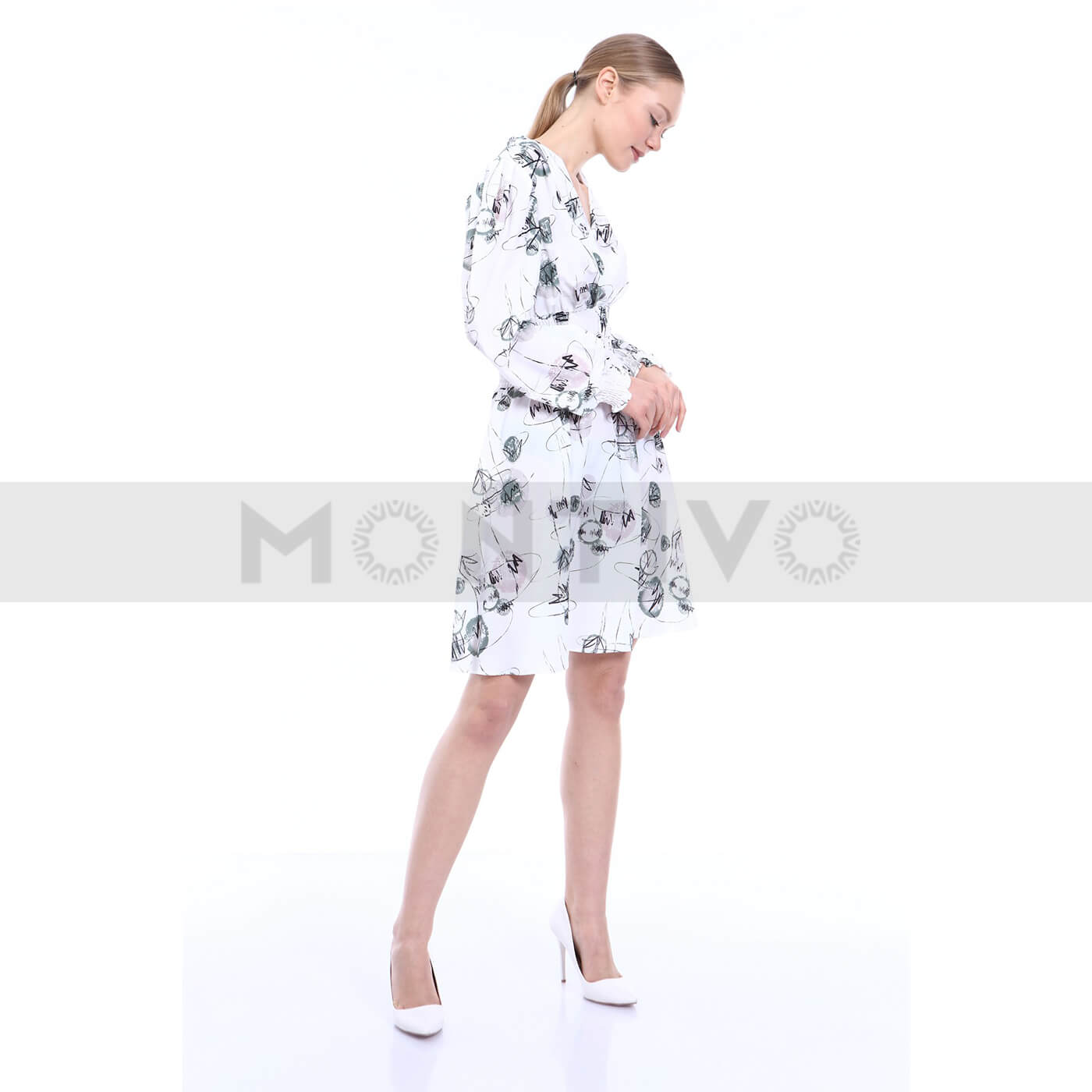 White Patterned Waist Pleated Dress | Montivo Pakistan
