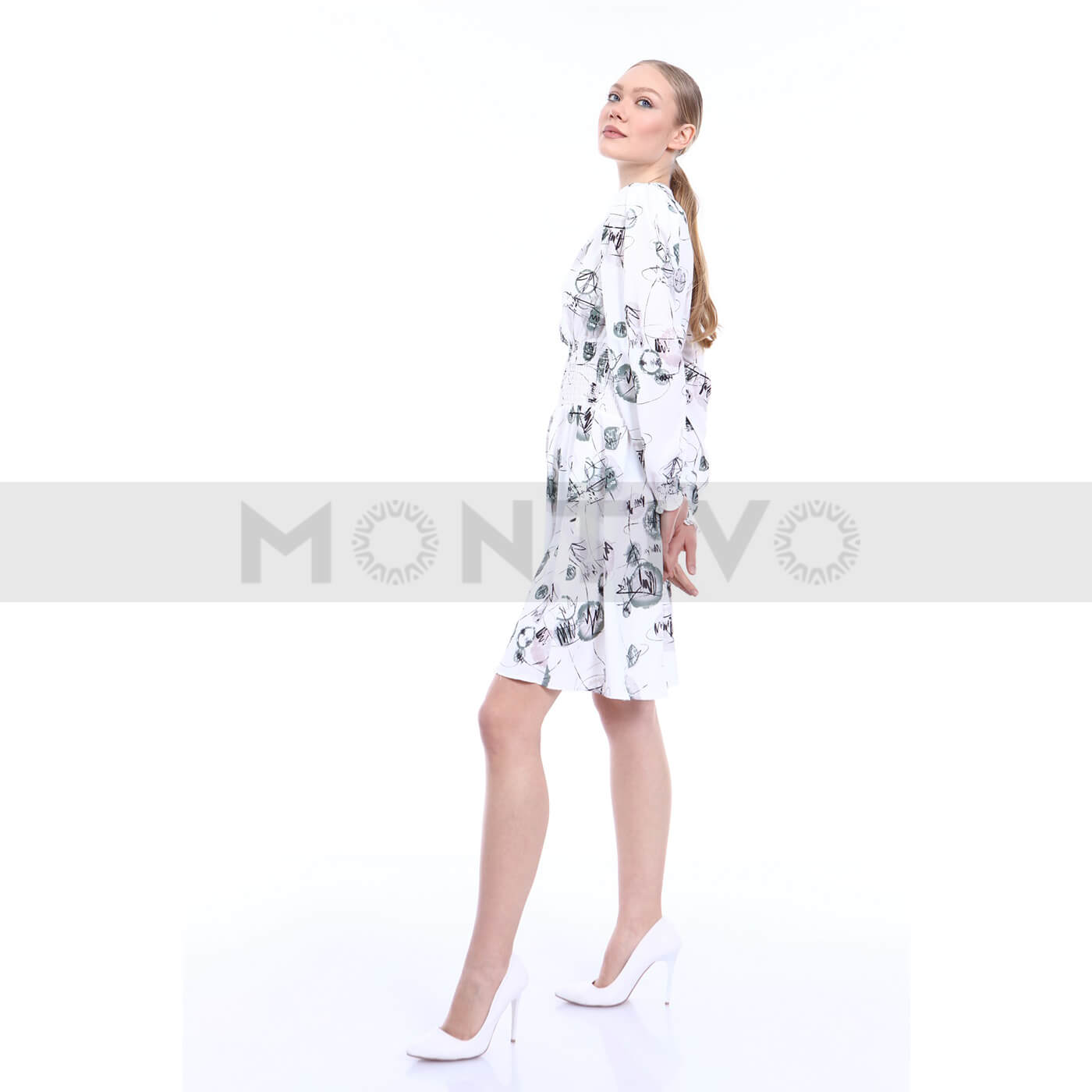 White Patterned Waist Pleated Dress | Montivo Pakistan
