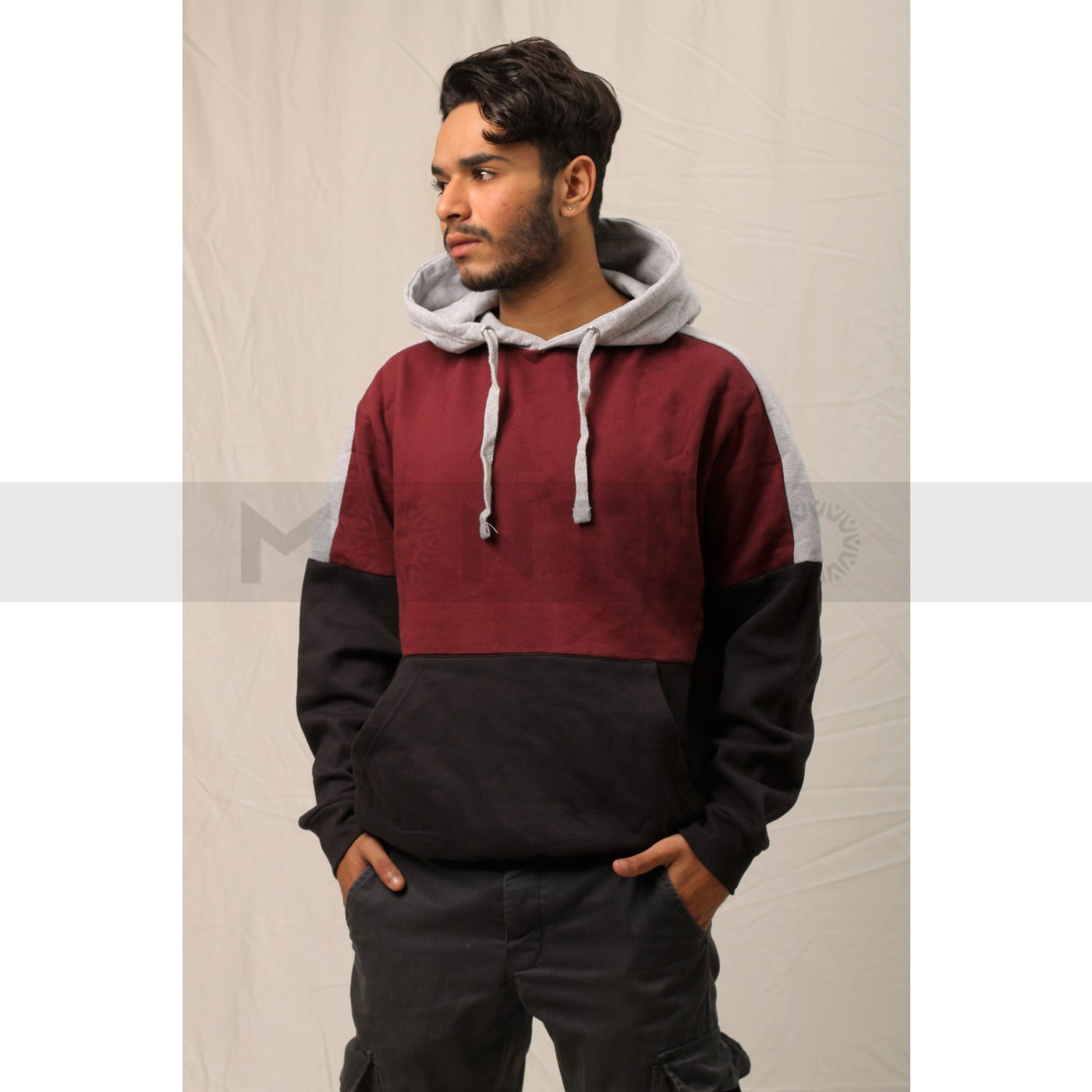 Burgundy Grey Colour Block Hoodie | Montivo Pakistan