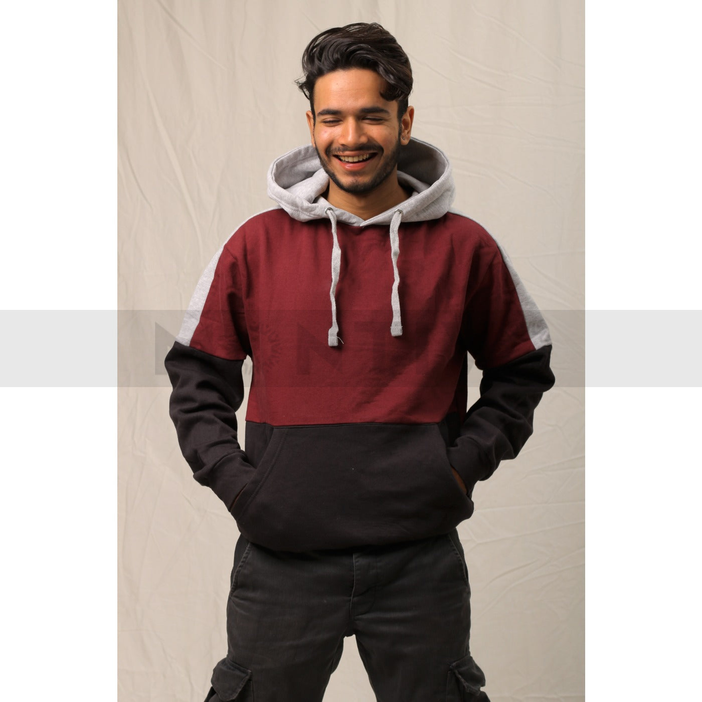 Burgundy Grey Colour Block Hoodie | Montivo Pakistan