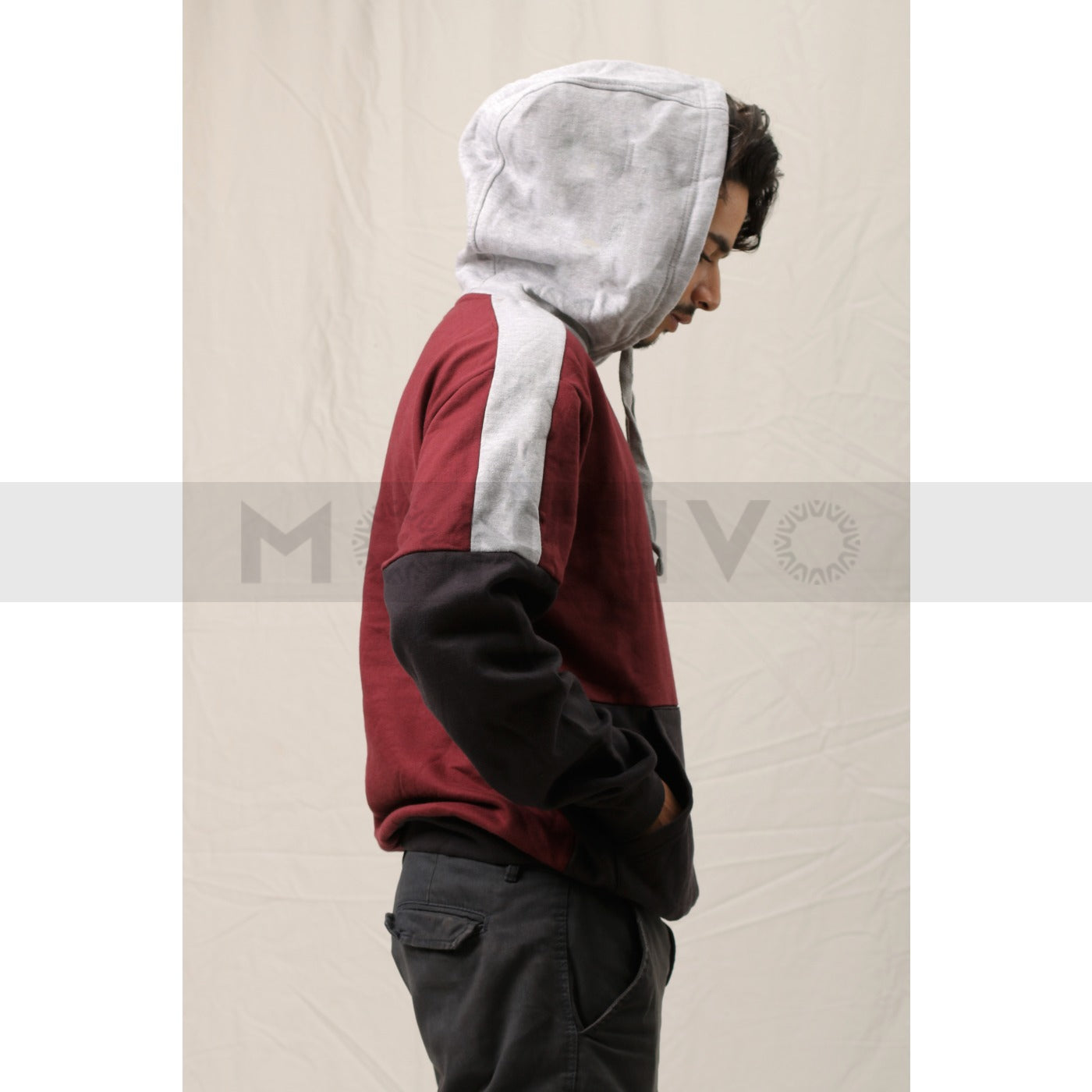 Burgundy Grey Colour Block Hoodie | Montivo Pakistan