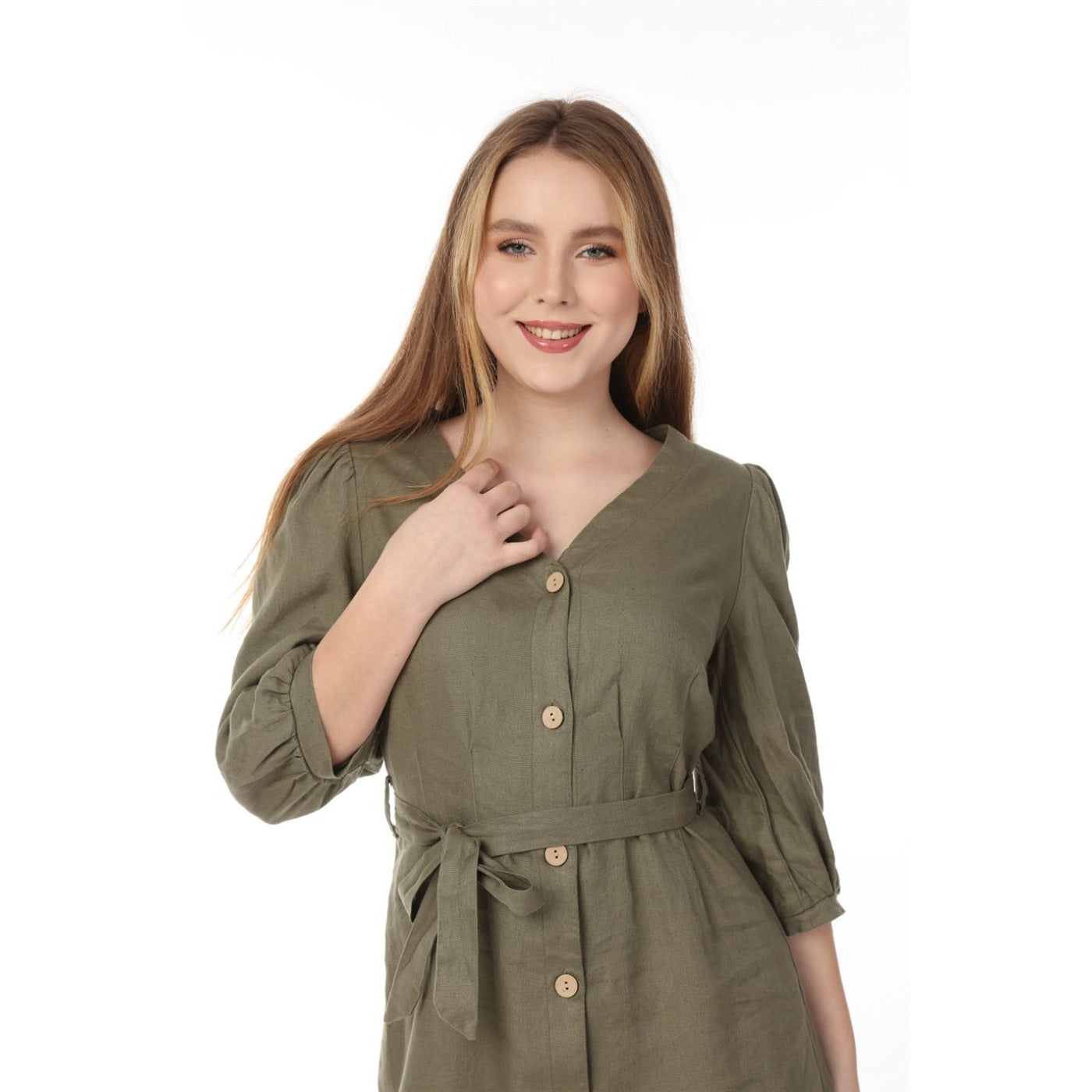 Olive Buttoned Linen Dress | Montivo Pakistan