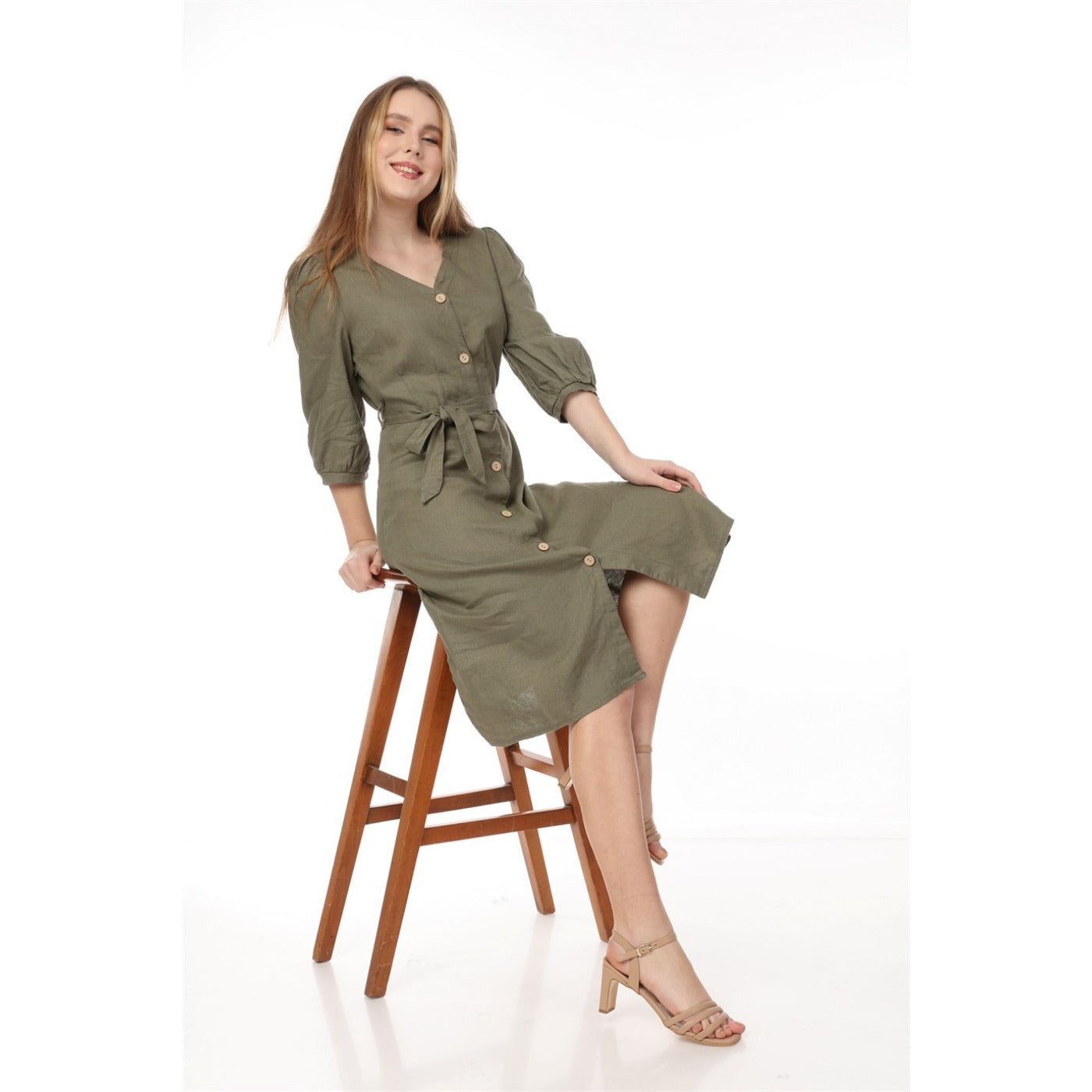 Olive Buttoned Linen Dress | Montivo Pakistan