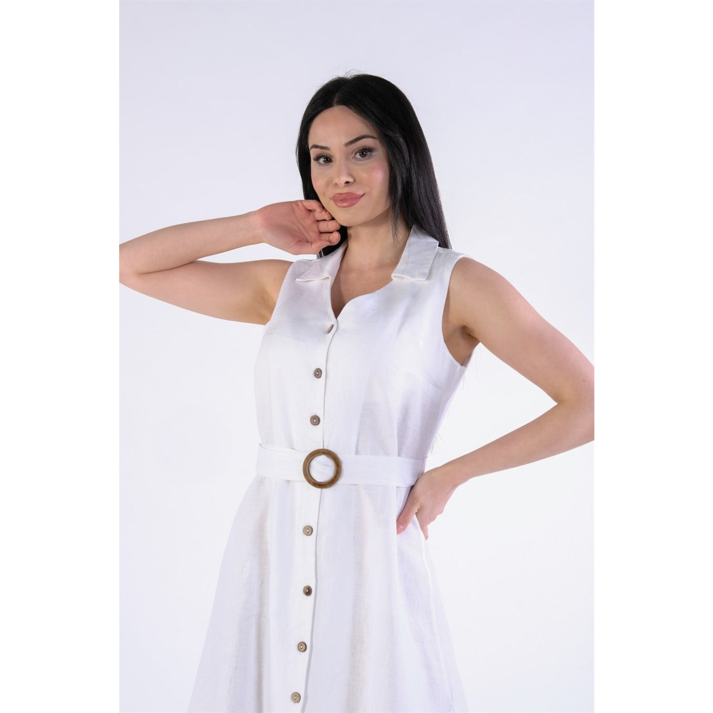 White Buckle Linen Sleeveless Dress | Montivo Pakistan