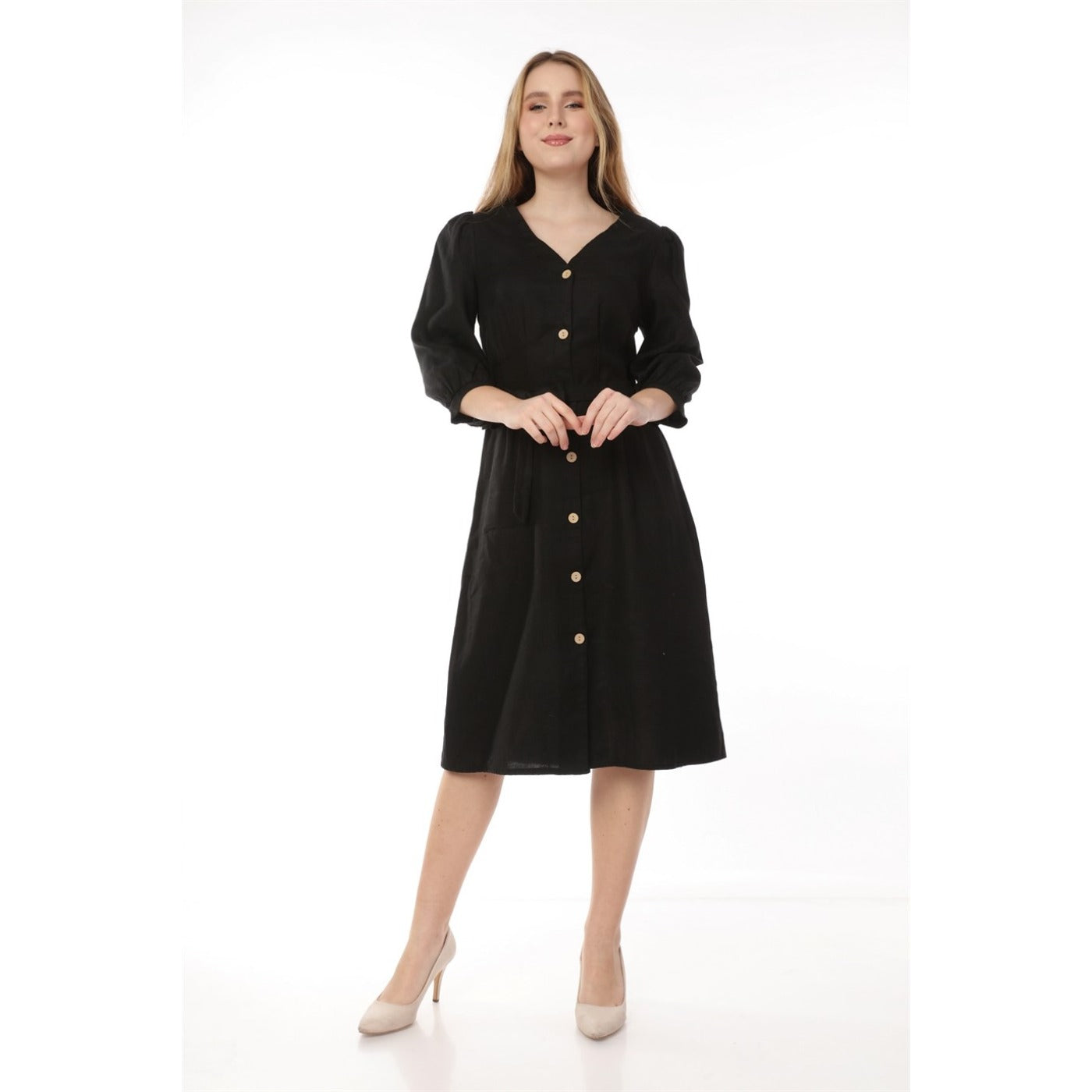 Black Buttoned Linen Dress