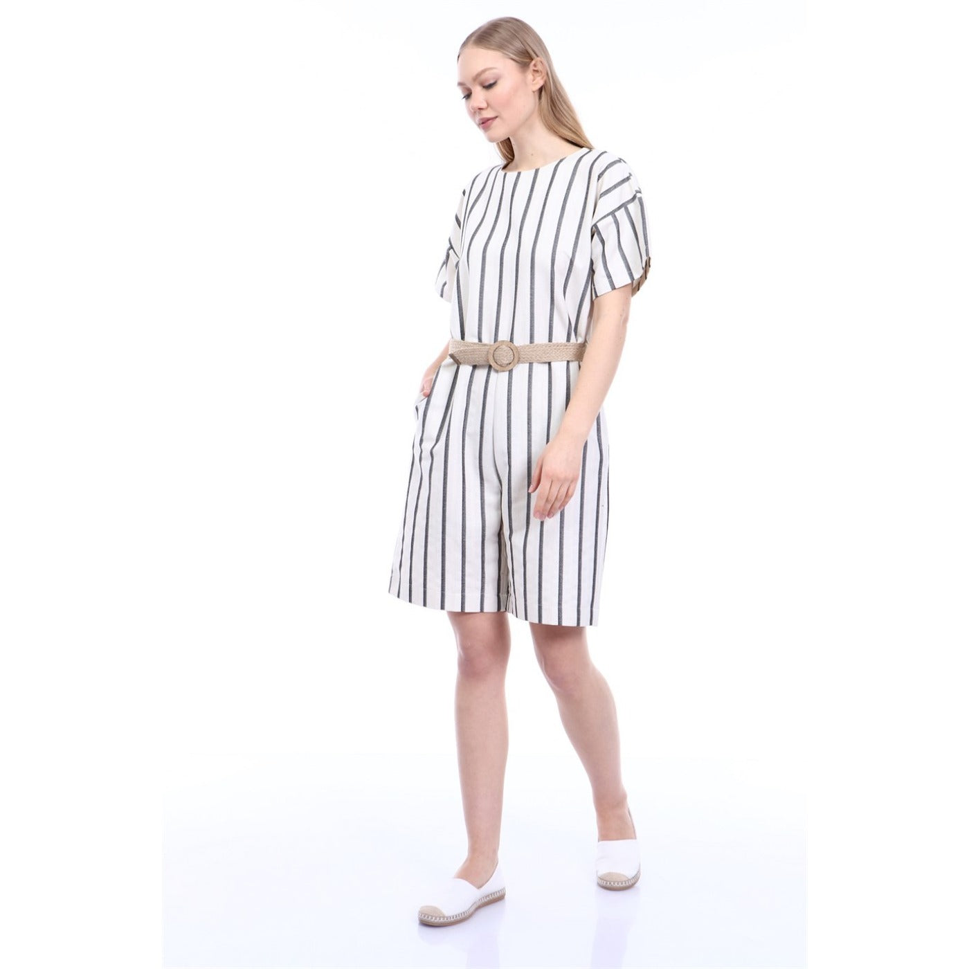 Stripes Beige Black Linen Jumpsuit | Montivo Pakistan