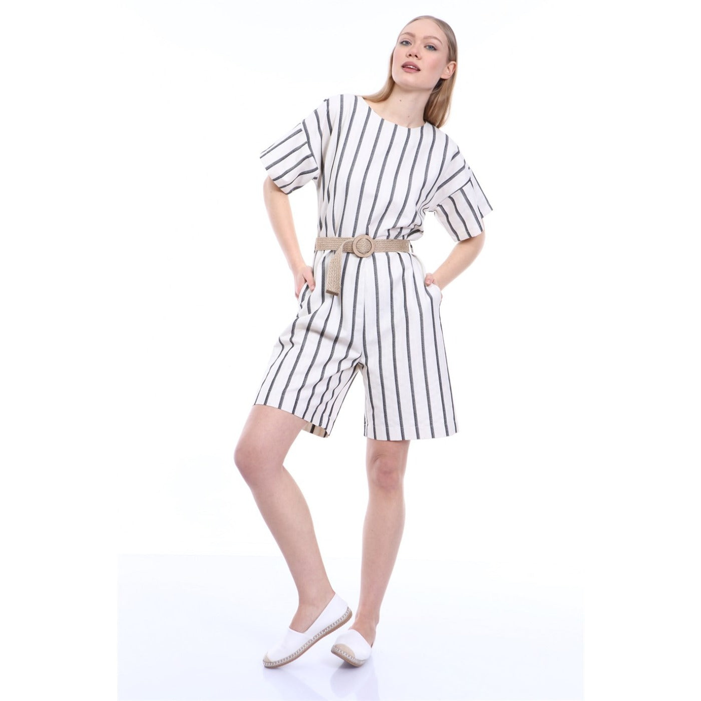 Stripes Beige Black Linen Jumpsuit | Montivo Pakistan