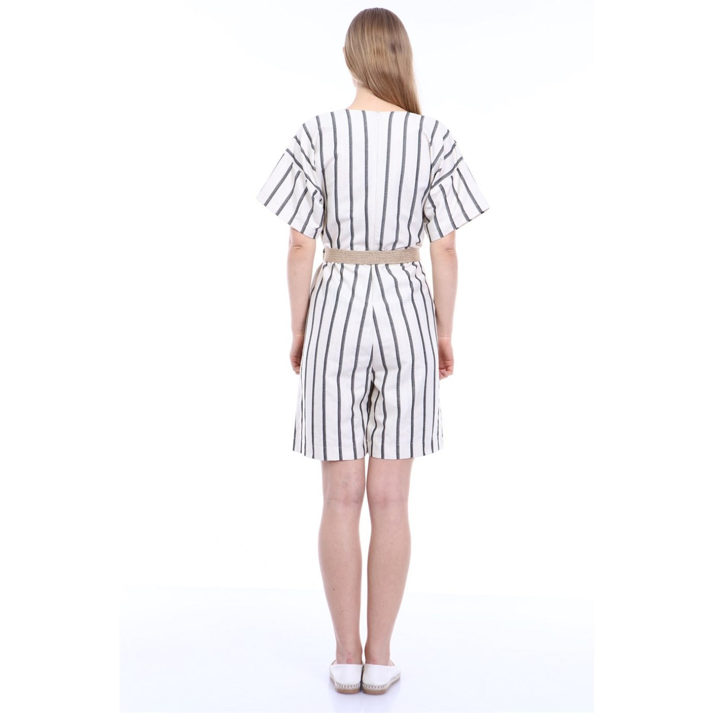 Stripes Beige Black Linen Jumpsuit | Montivo Pakistan