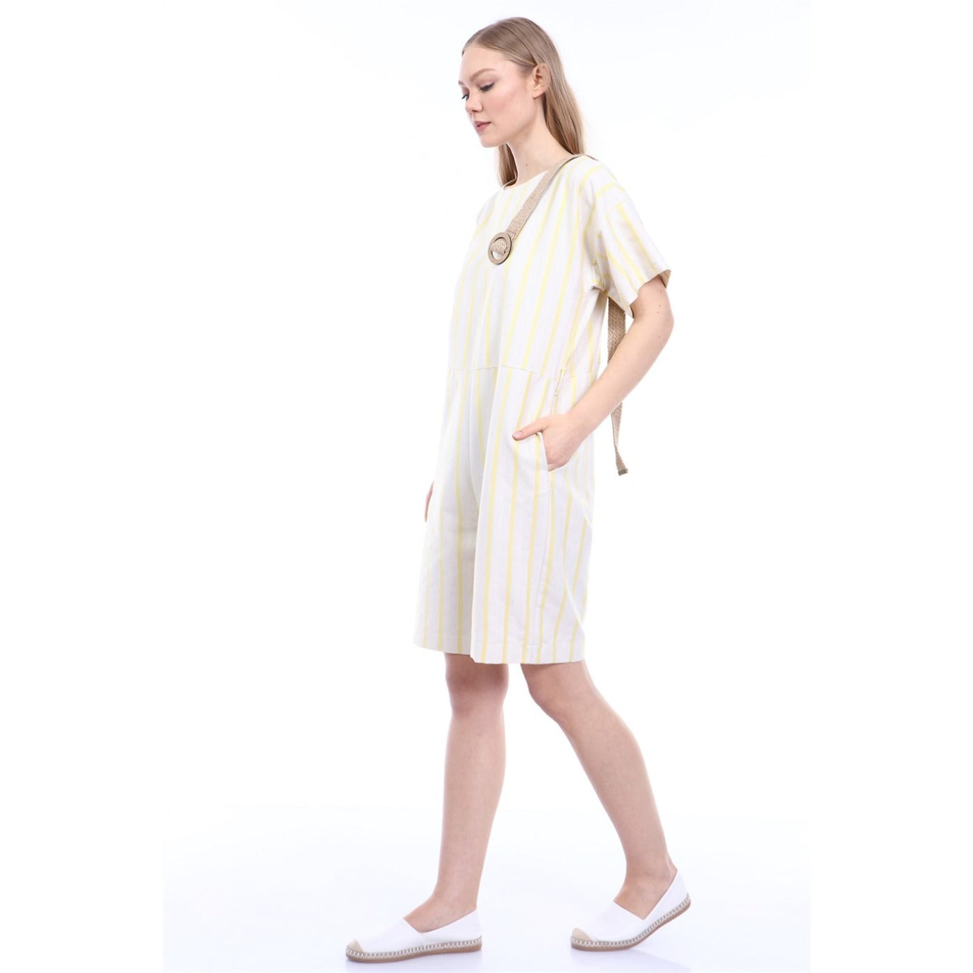 Yellow Stripes Beige Linen Jumpsuit | Montivo Pakistan