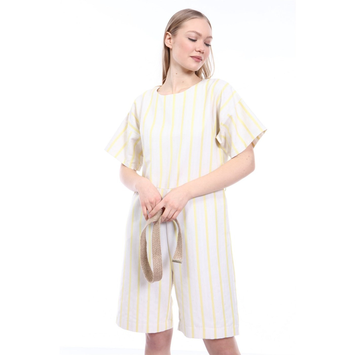 Yellow Stripes Beige Linen Jumpsuit | Montivo Pakistan