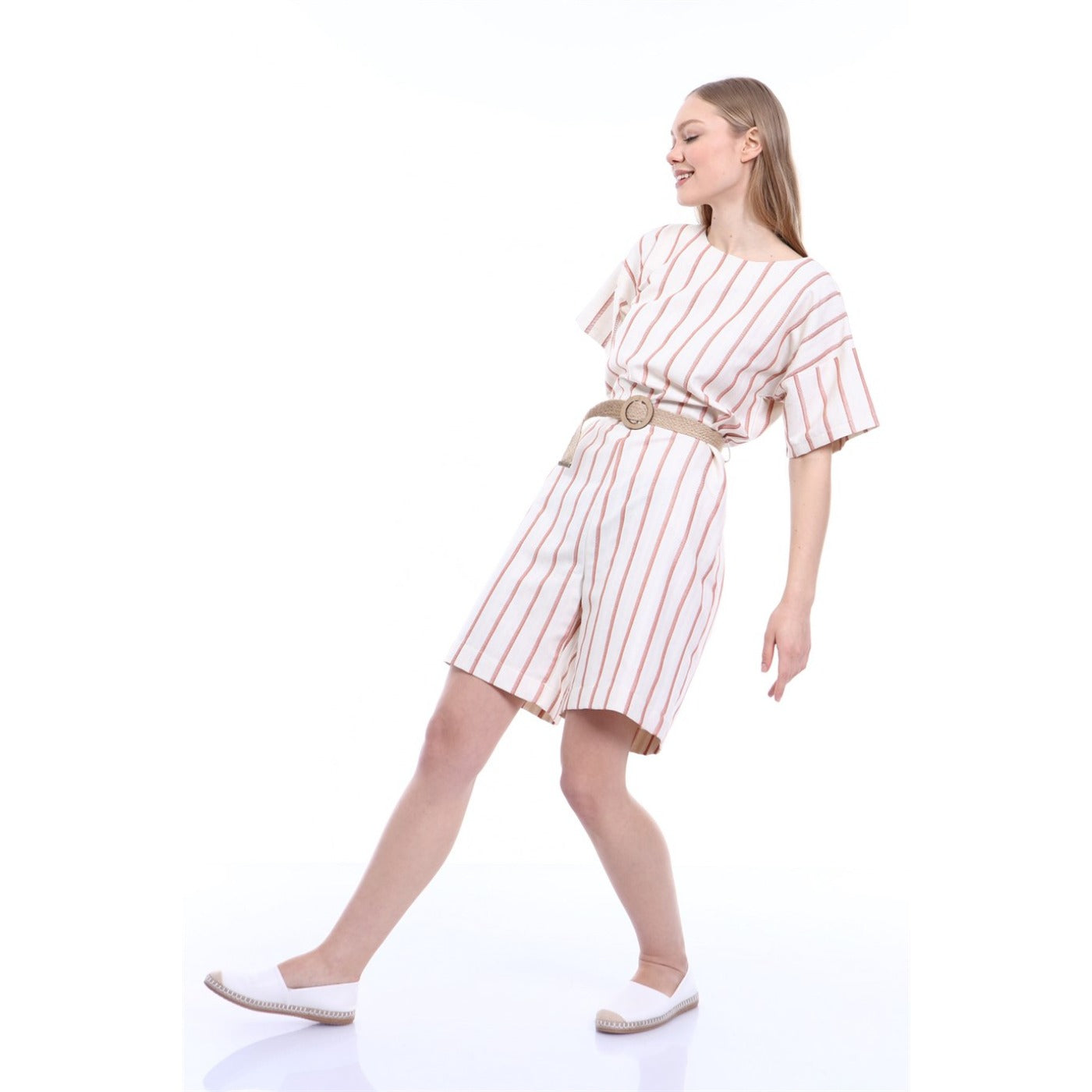 Pink Stripes Beige Linen Jumpsuit | Montivo Pakistan