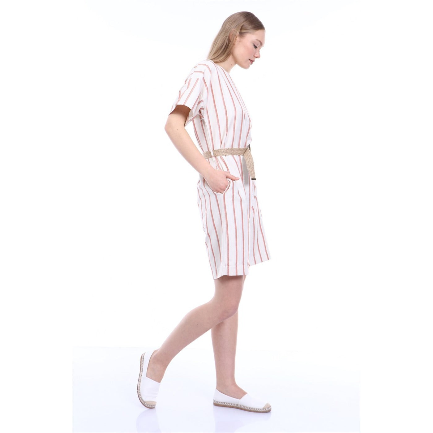 Pink Stripes Beige Linen Jumpsuit | Montivo Pakistan