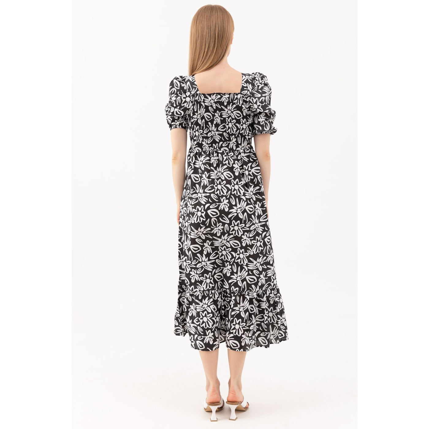 Black Floral Square Collar Dress | Montivo Pakistan