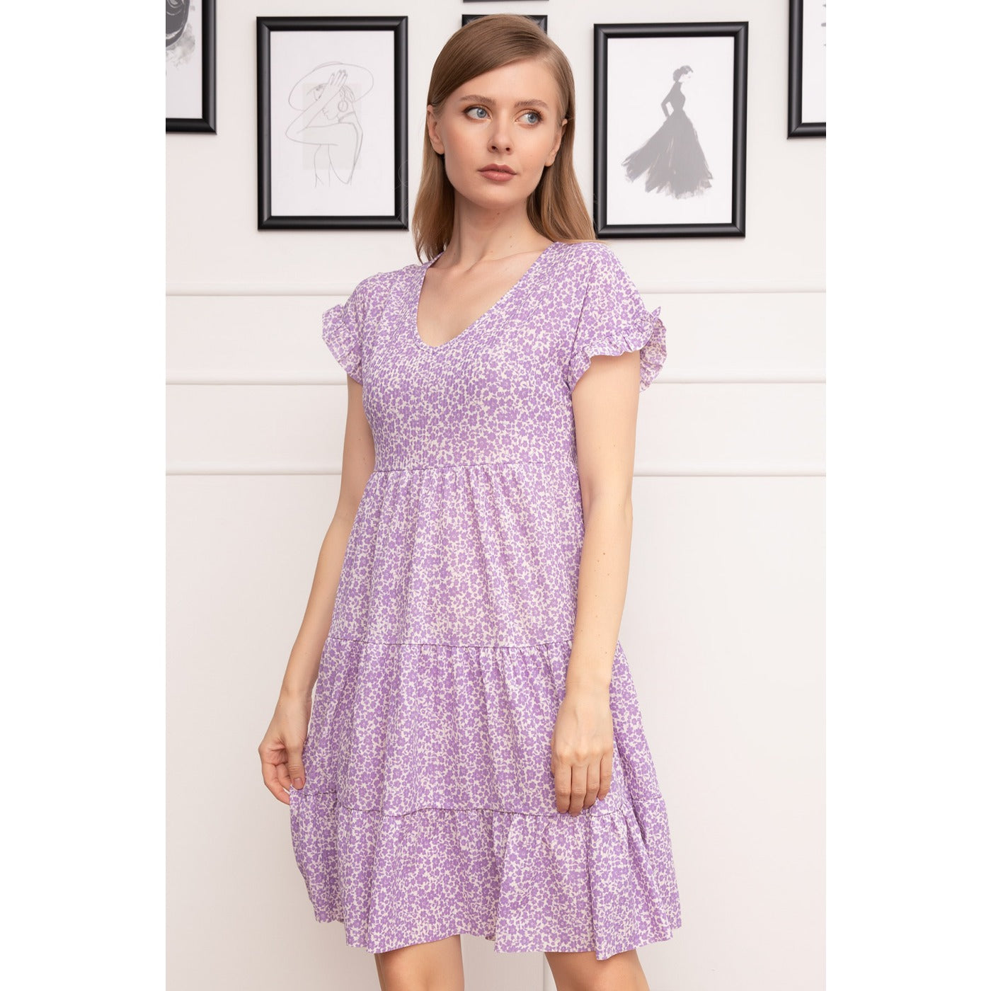 Lilac V-Neck Patterned Dress | Montivo Pakistan