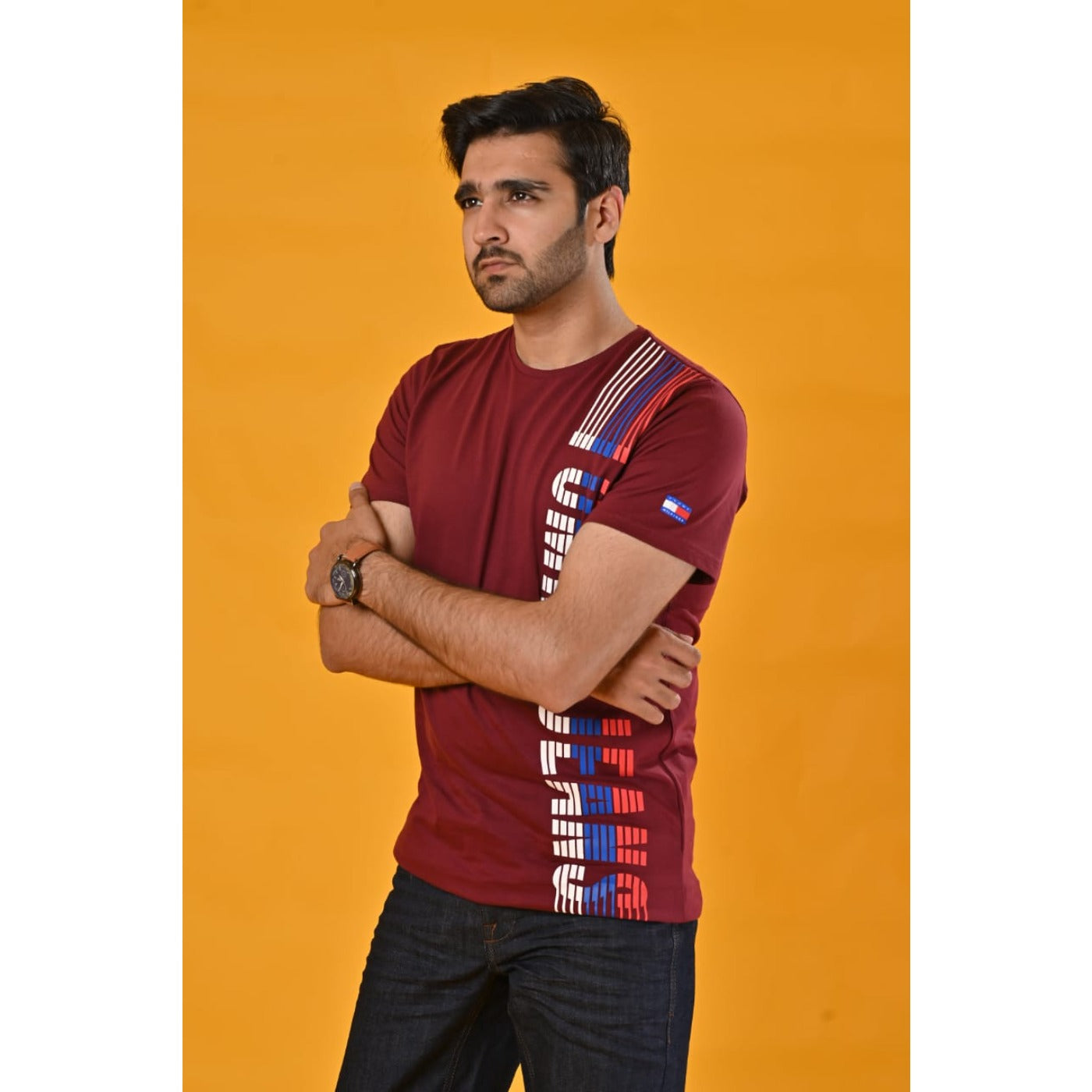 TJ Printed Vertical Burgundy Tshirt | Montivo Pakistan