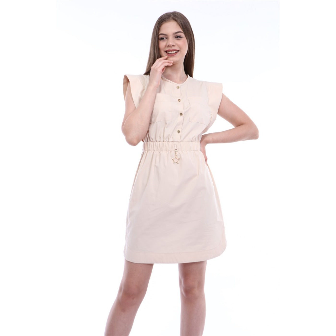 Sleeveless Mini Beige Poplin Dress | Montivo Pakistan